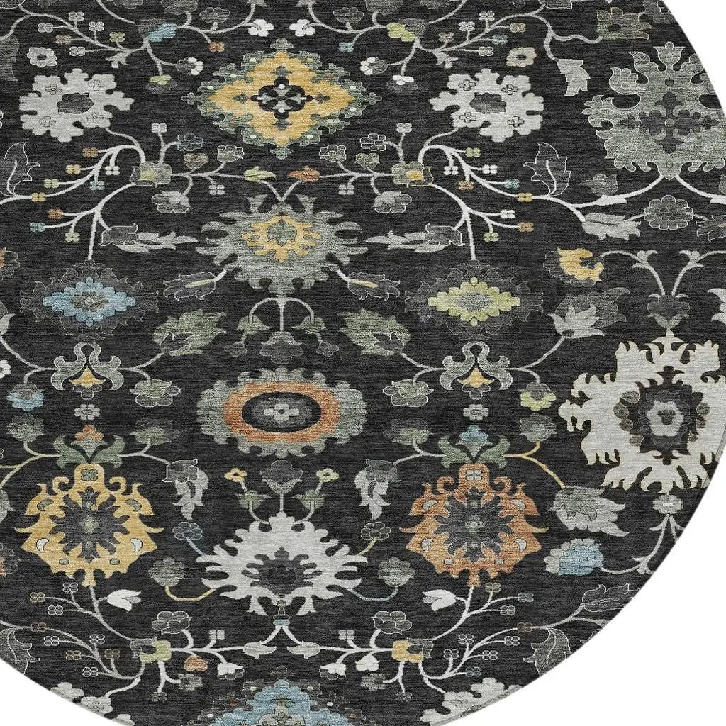 8' Black And Gray Round Floral Medallion Washable Indoor Outdoor Area Rug Homeroots Outdoor