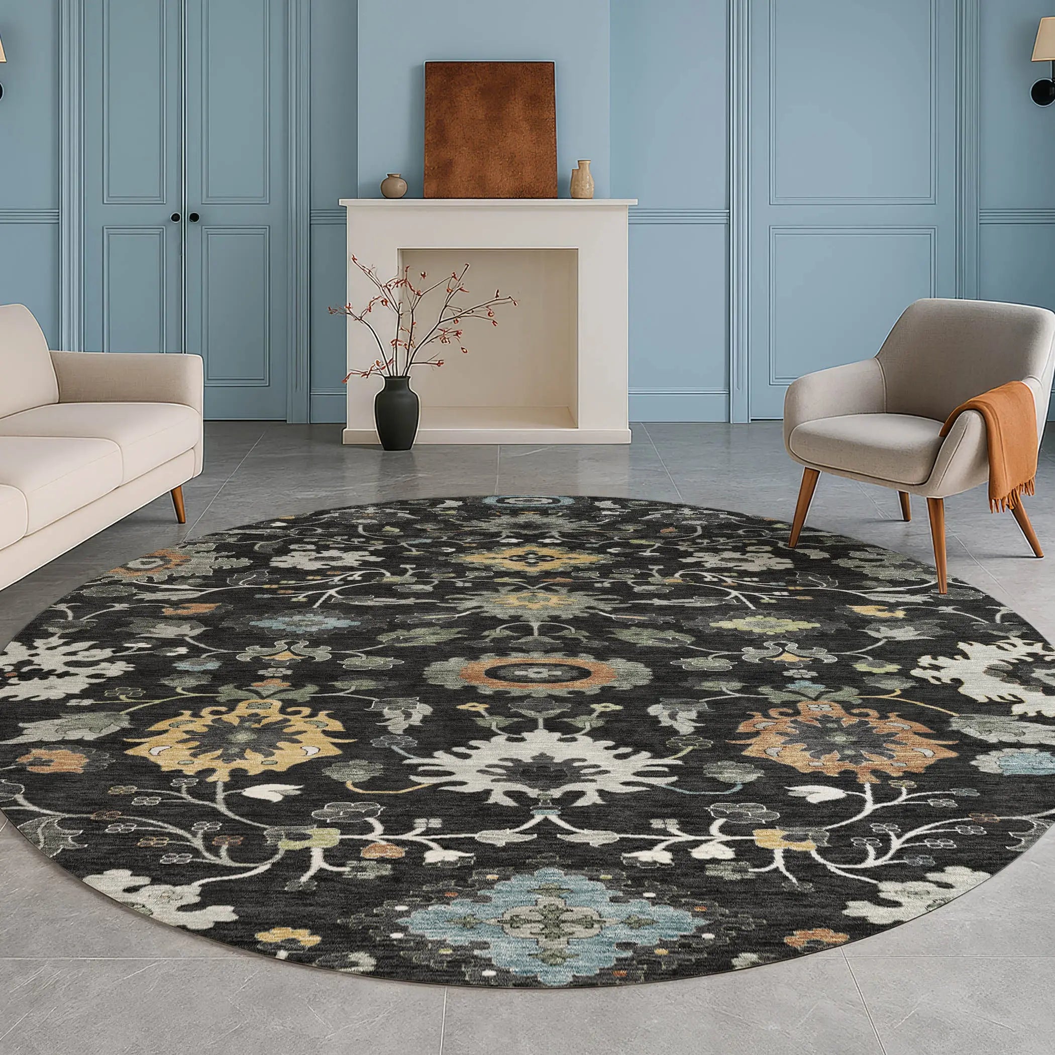 8' Black And Gray Round Floral Medallion Washable Indoor Outdoor Area Rug Homeroots Outdoor