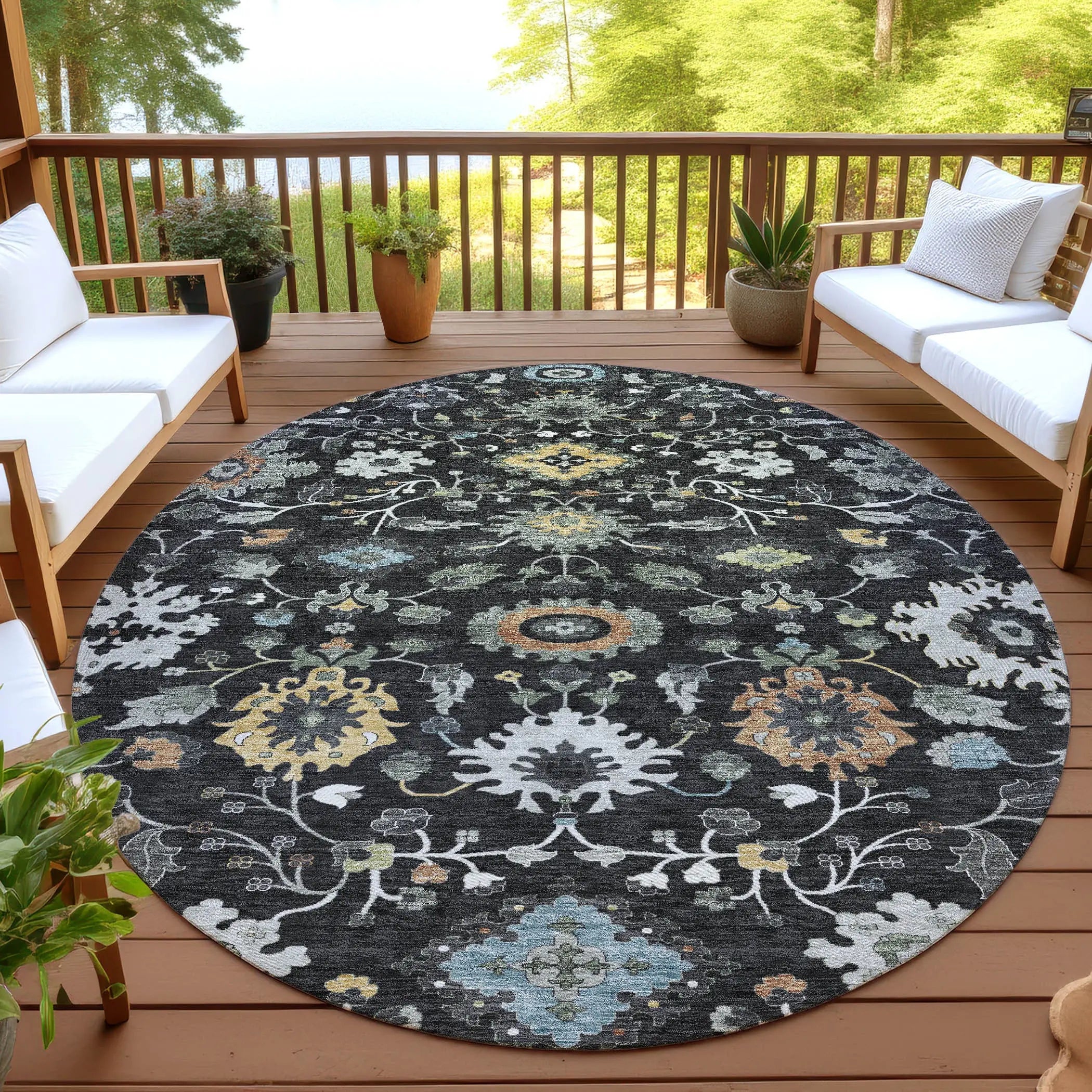 8' Black And Gray Round Floral Medallion Washable Indoor Outdoor Area Rug Homeroots Outdoor