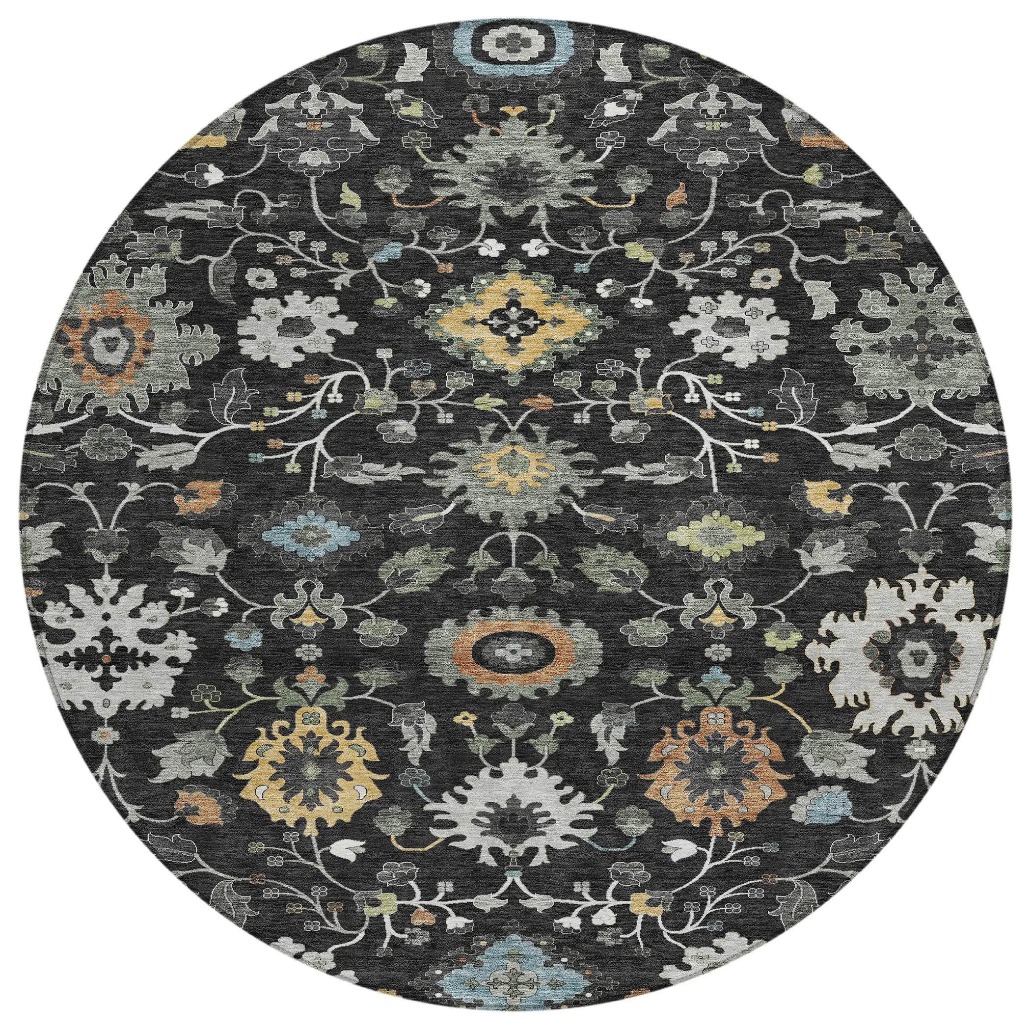 8' Black And Gray Round Floral Medallion Washable Indoor Outdoor Area Rug Homeroots Outdoor