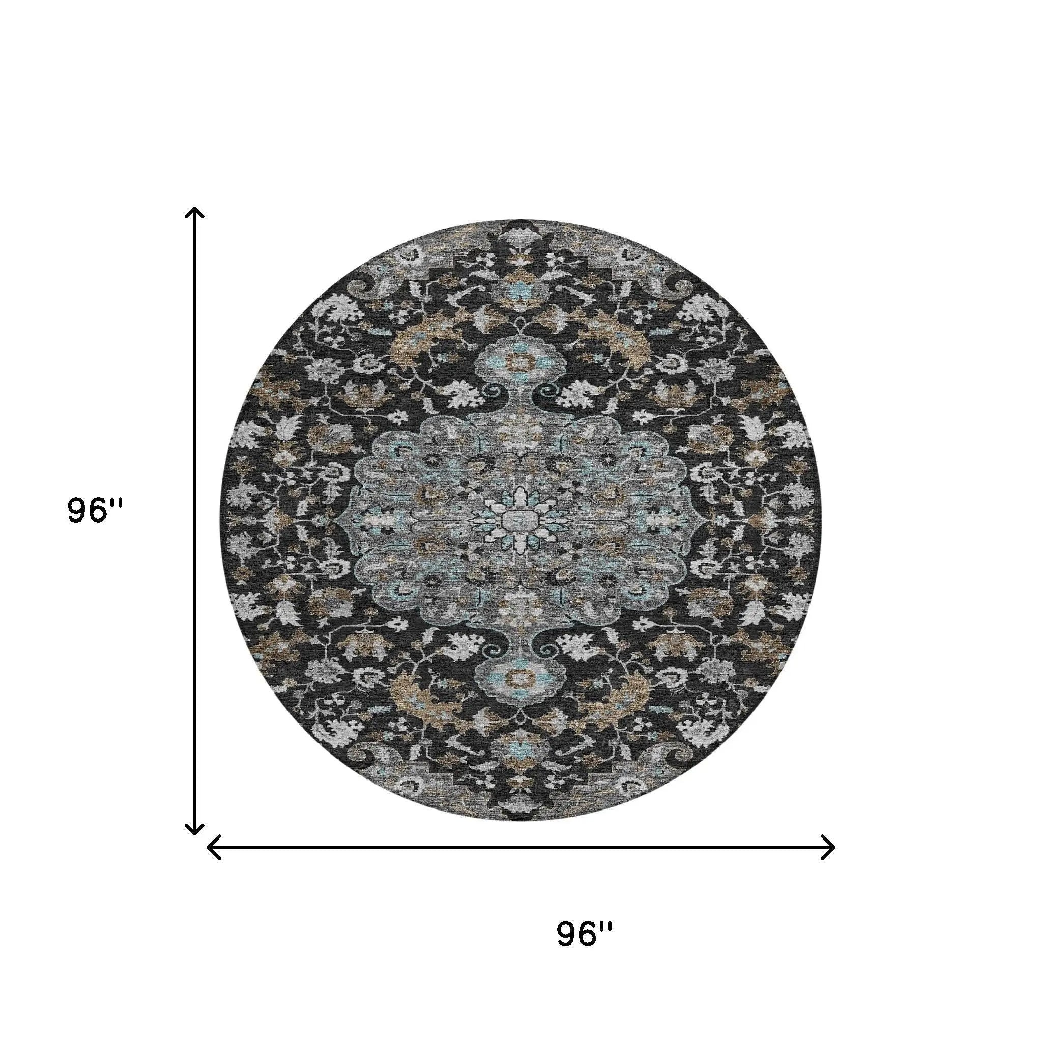 8' Black And Gray Round Floral Medallion Washable Indoor Outdoor Area Rug Homeroots Outdoor