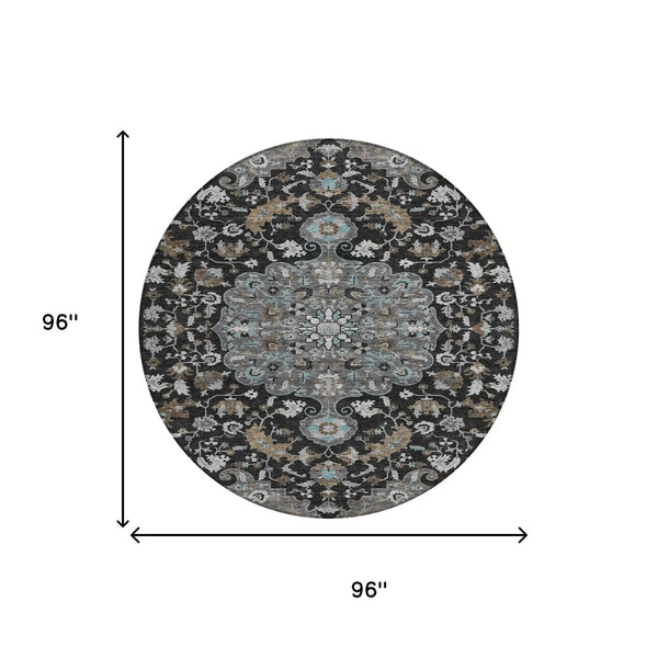 8' Black And Gray Round Floral Medallion Washable Indoor Outdoor Area Rug Homeroots Outdoor