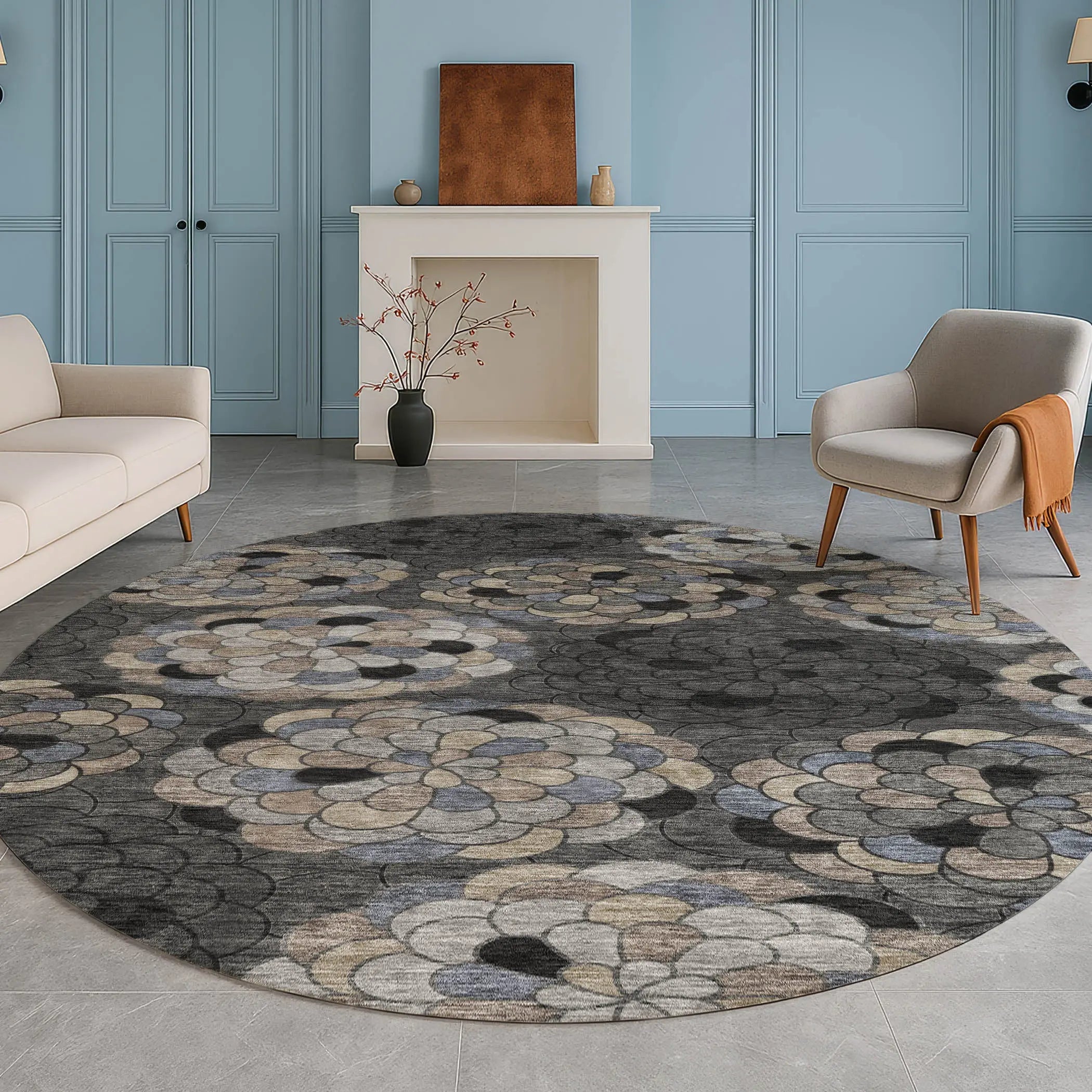 8' Black And Gray Round Floral Washable Indoor Outdoor Area Rug Homeroots Outdoor