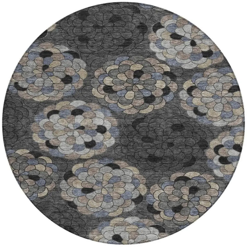 8' Black And Gray Round Floral Washable Indoor Outdoor Area Rug Homeroots Outdoor