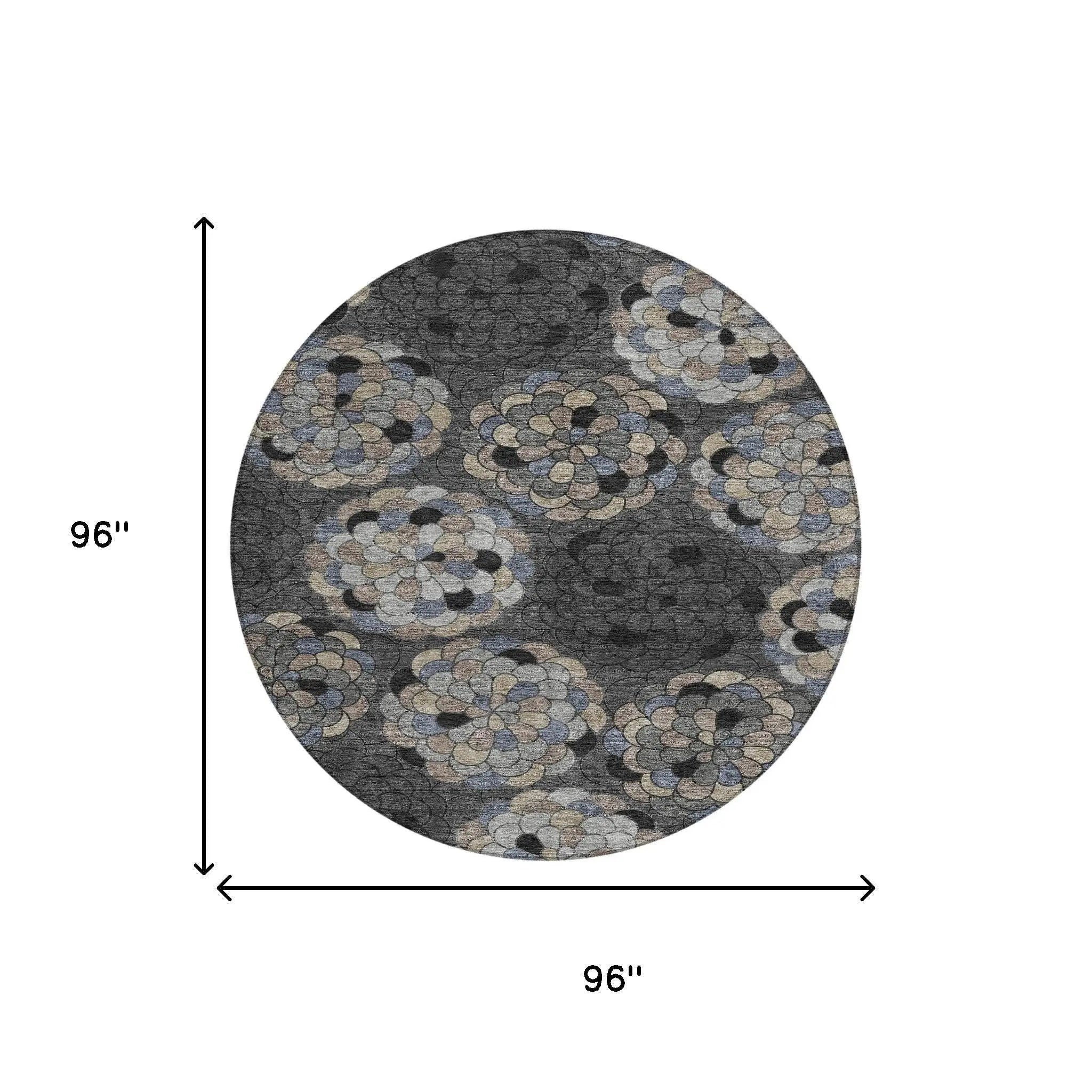 8' Black And Gray Round Floral Washable Indoor Outdoor Area Rug Homeroots Outdoor