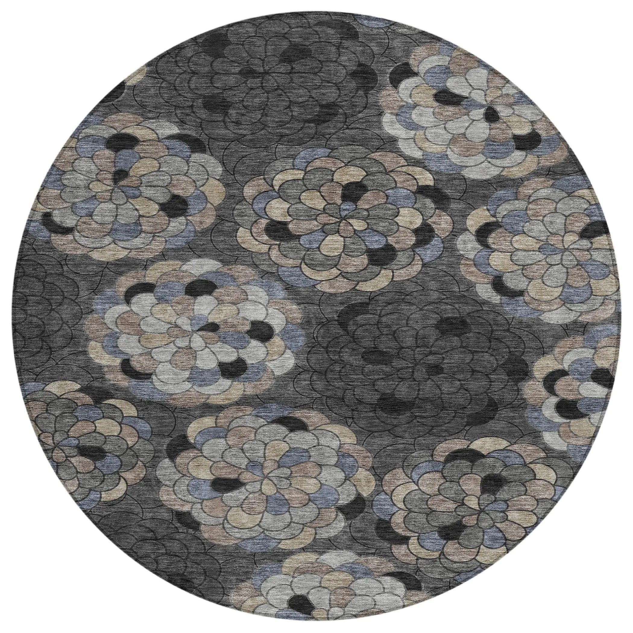 8' Black And Gray Round Floral Washable Indoor Outdoor Area Rug Homeroots Outdoor