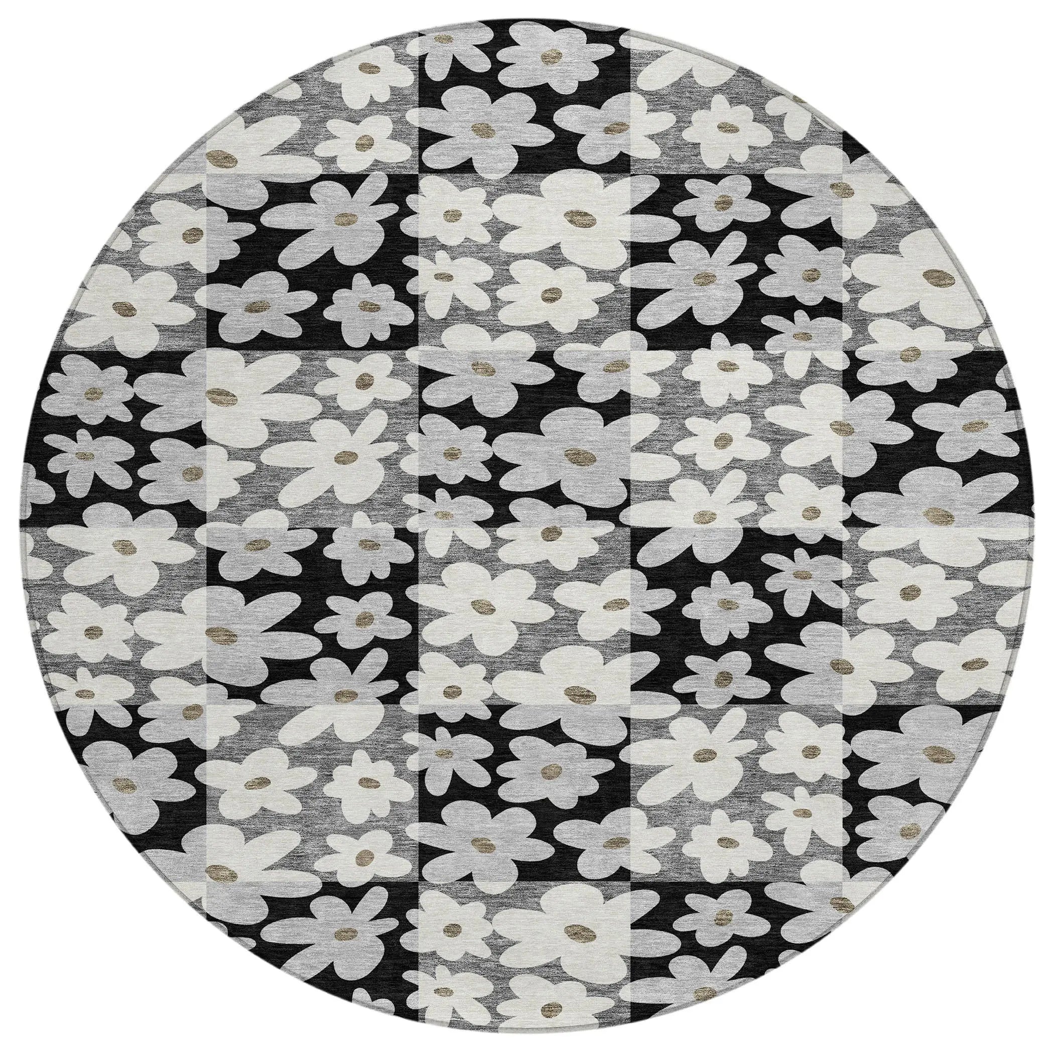8' Black And Gray Round Floral Washable Indoor Outdoor Area Rug Homeroots Outdoor