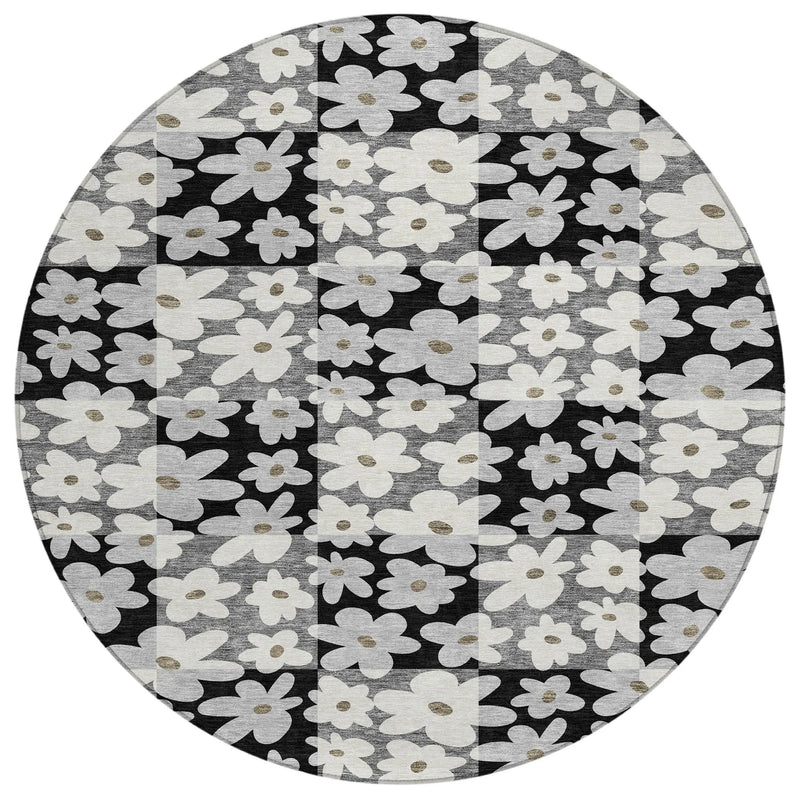 8' Black And Gray Round Floral Washable Indoor Outdoor Area Rug Homeroots Outdoor