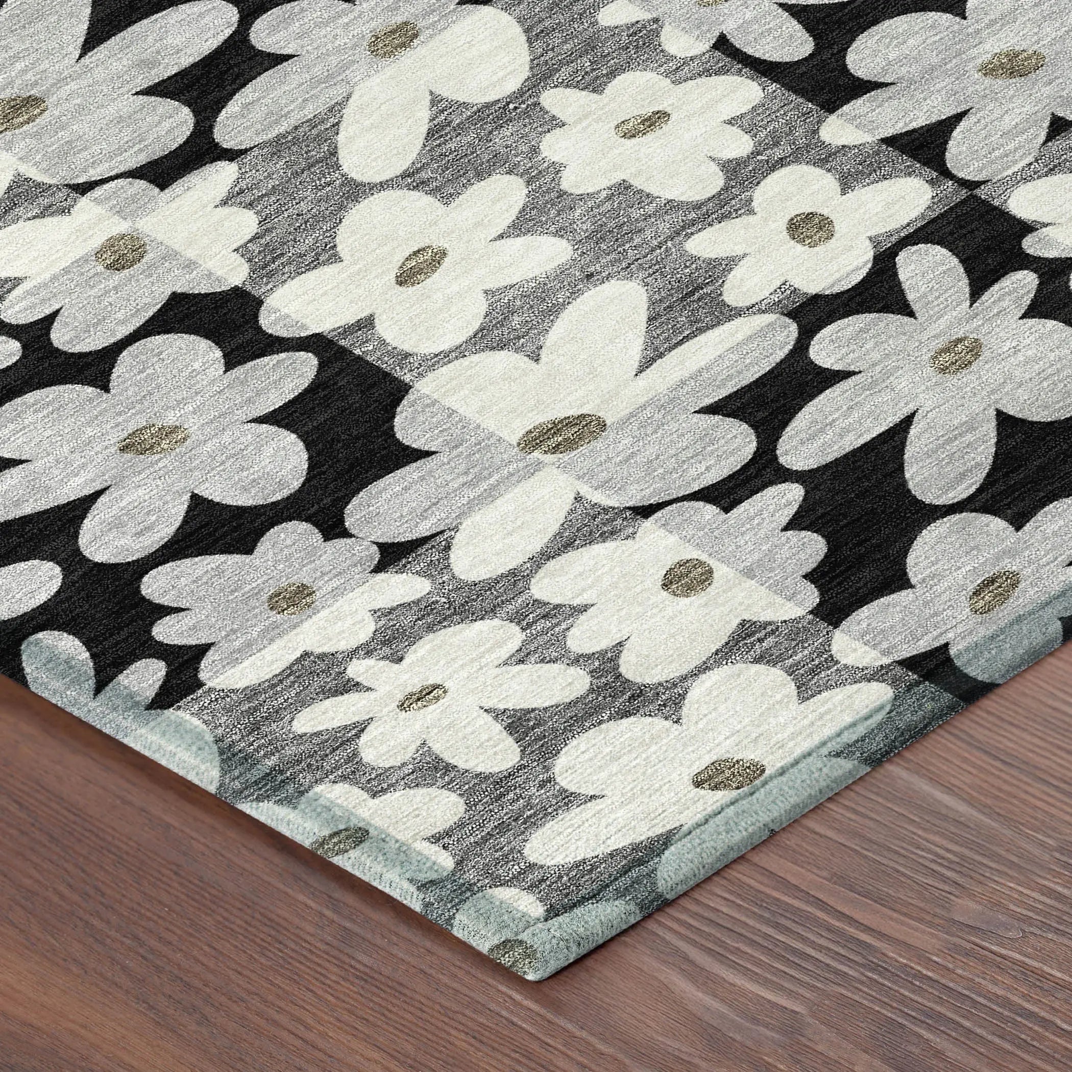 8' Black And Gray Round Floral Washable Indoor Outdoor Area Rug Homeroots Outdoor