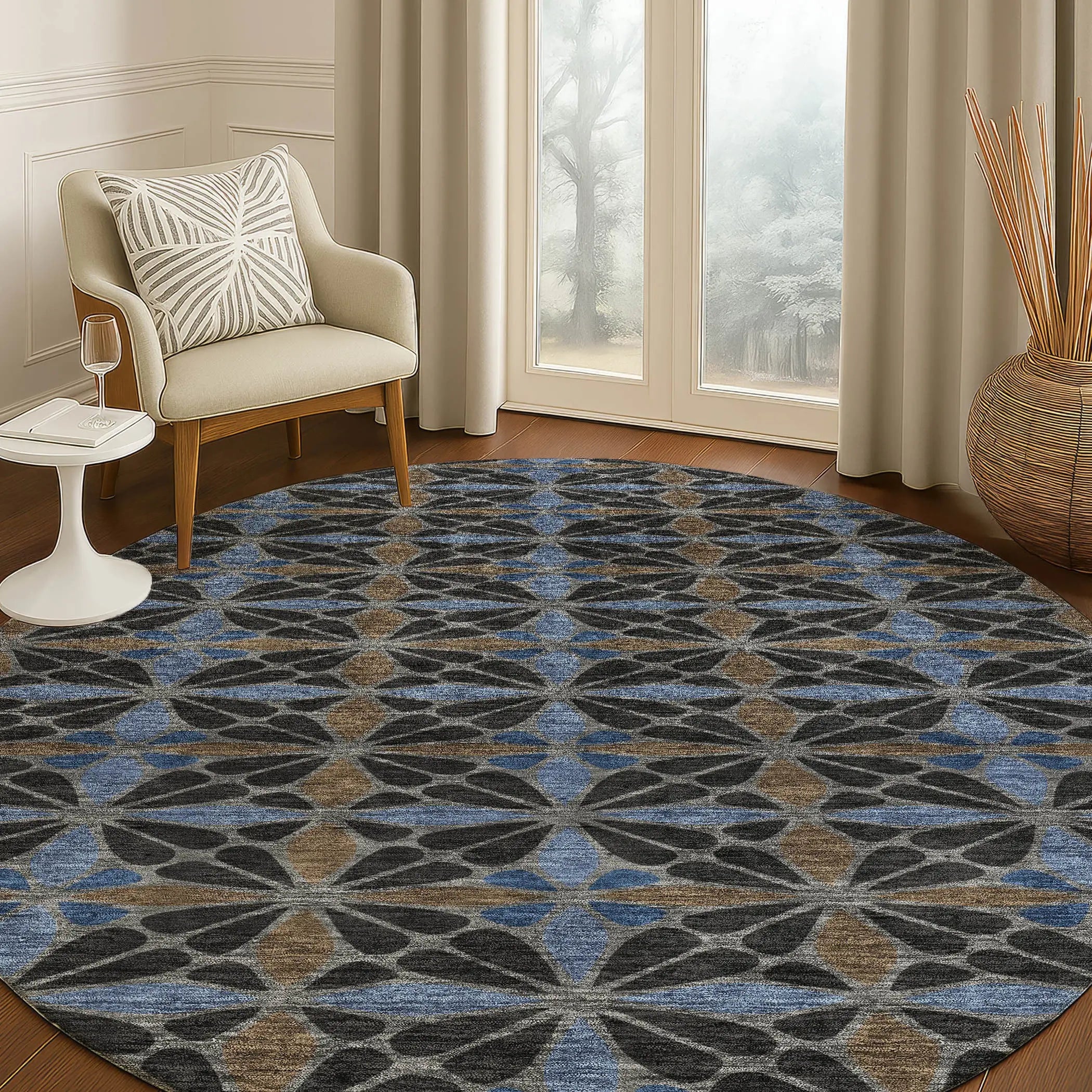 8' Black And Gray Round Geometric Washable Indoor Outdoor Area Rug Homeroots Outdoor
