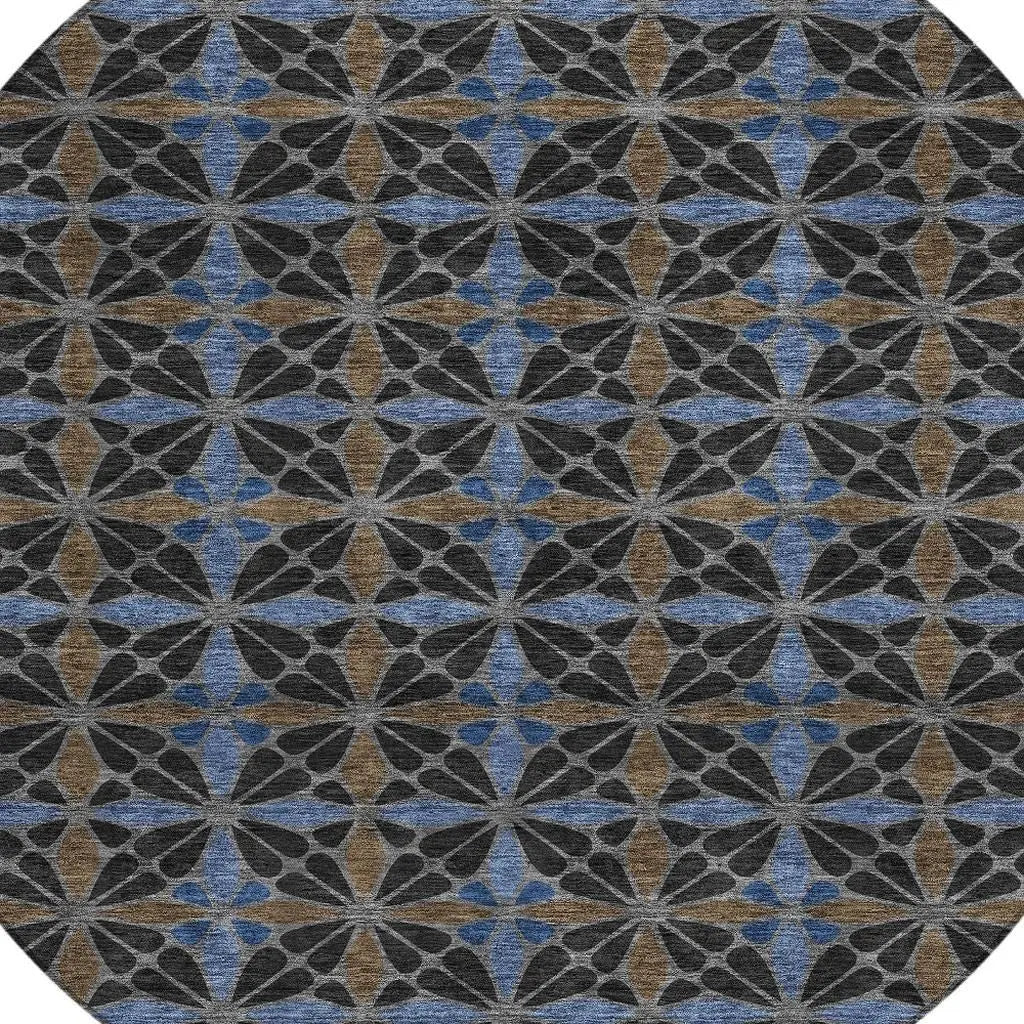 8' Black And Gray Round Geometric Washable Indoor Outdoor Area Rug Homeroots Outdoor