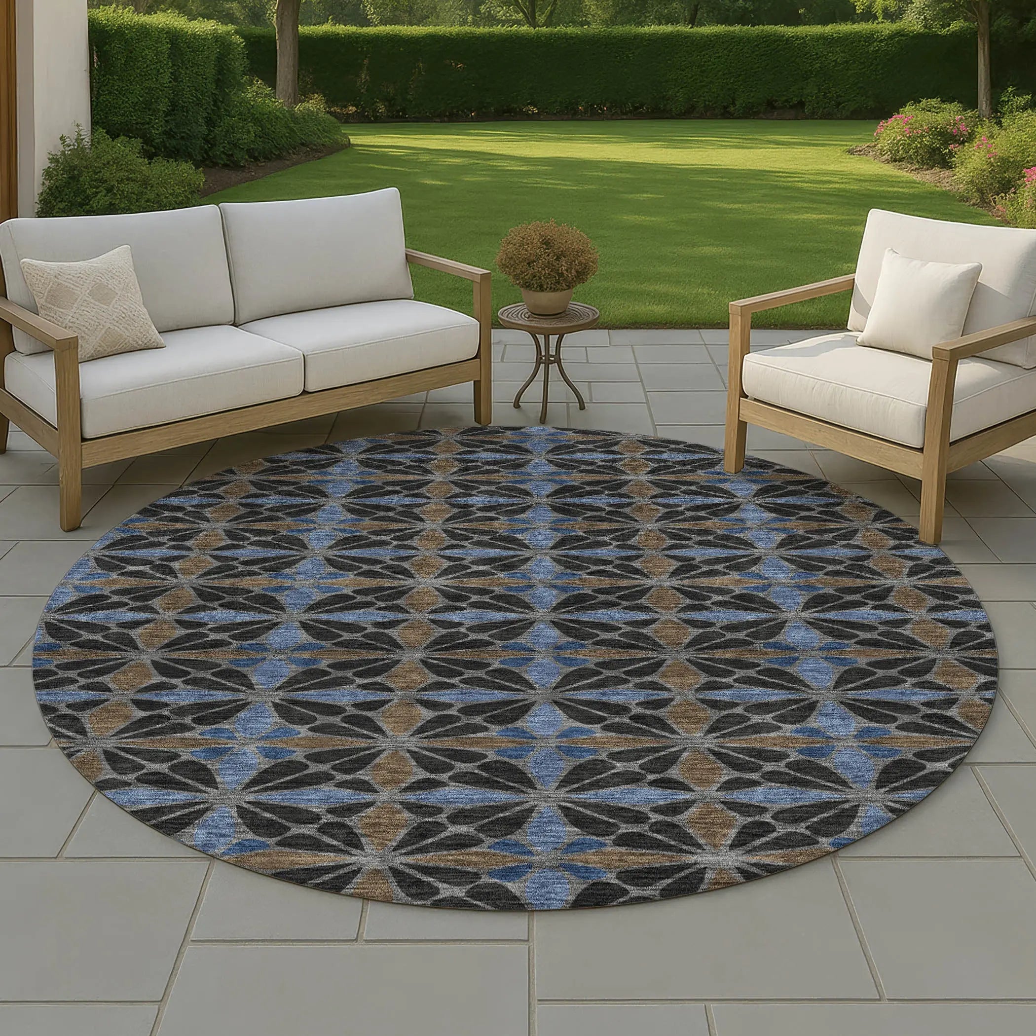 8' Black And Gray Round Geometric Washable Indoor Outdoor Area Rug Homeroots Outdoor