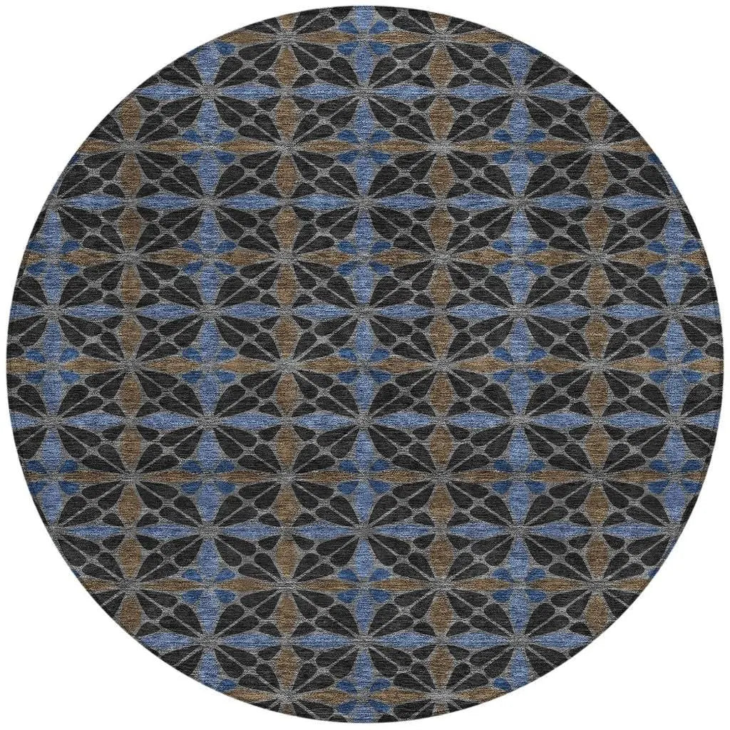 8' Black And Gray Round Geometric Washable Indoor Outdoor Area Rug Homeroots Outdoor