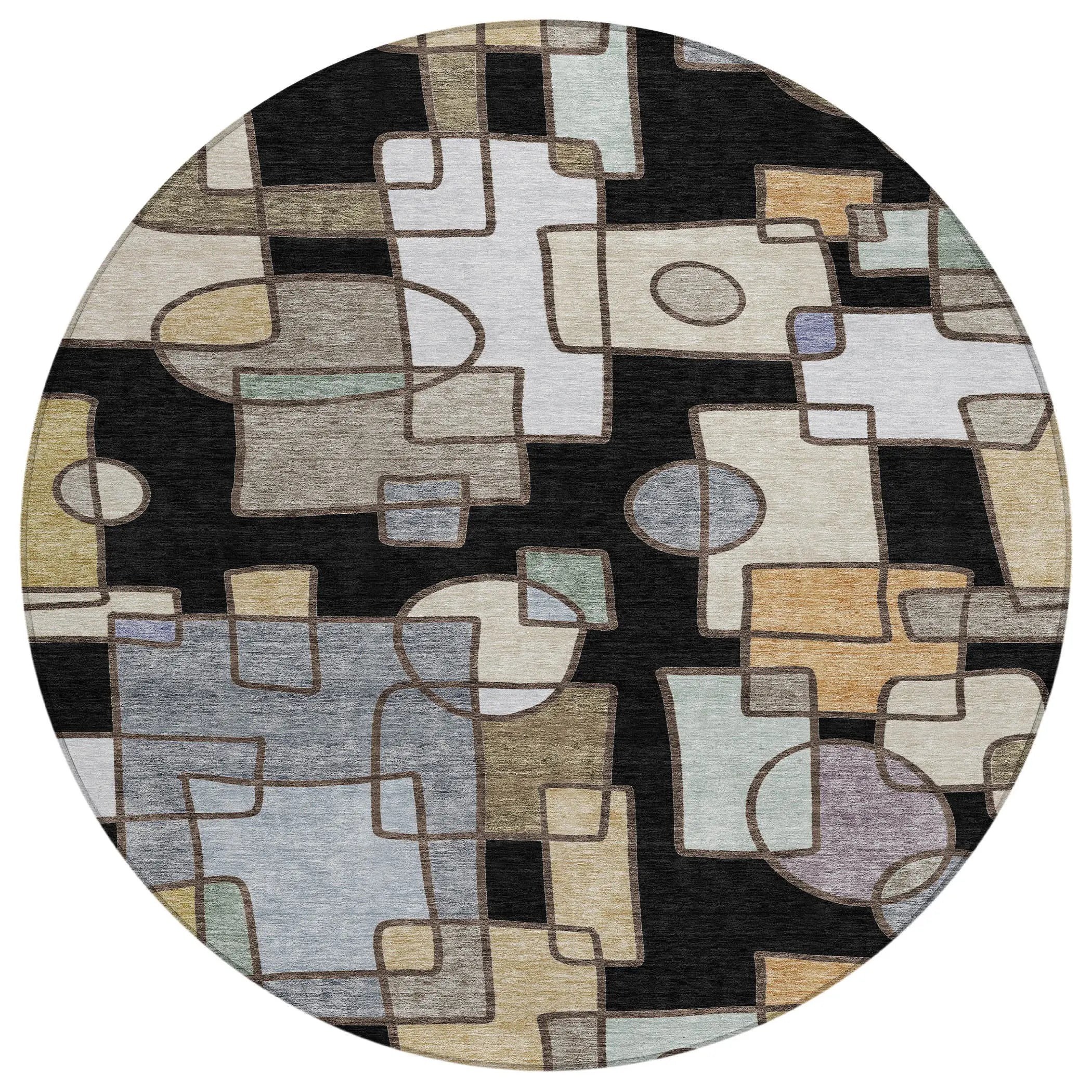 8' Black And Gray Round Geometric Washable Indoor Outdoor Area Rug Homeroots Outdoor