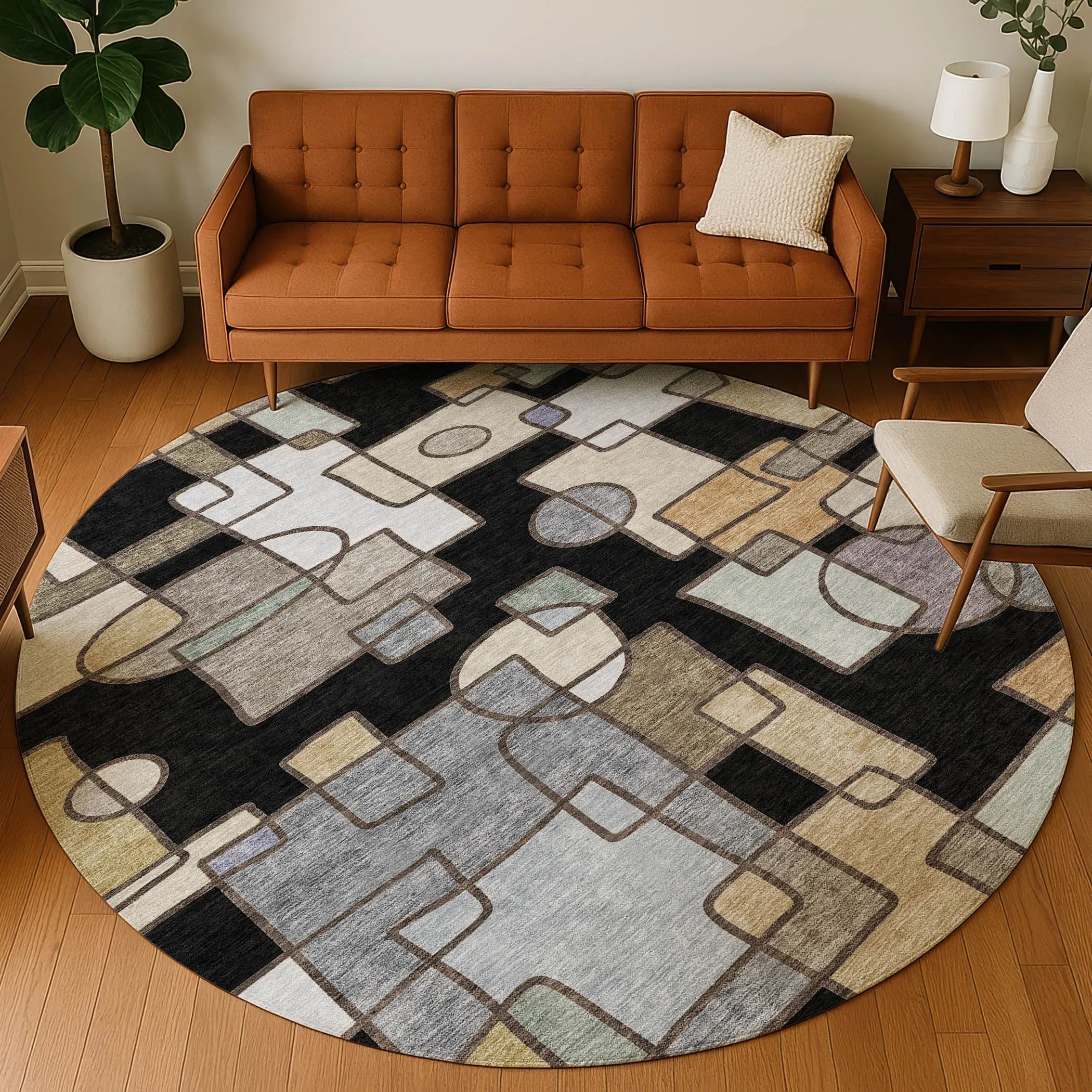 8' Black And Gray Round Geometric Washable Indoor Outdoor Area Rug Homeroots Outdoor
