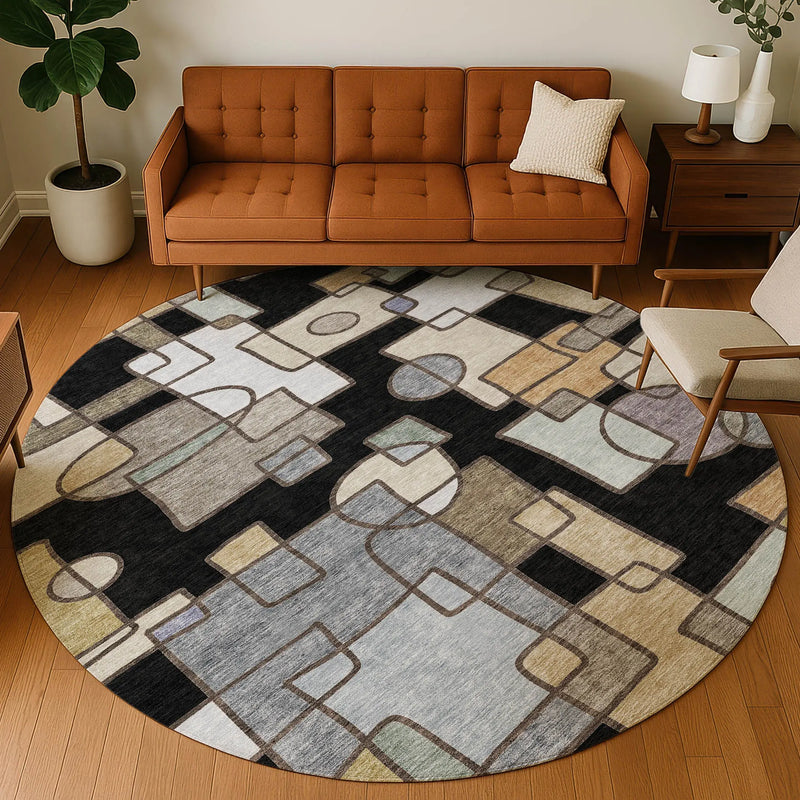 8' Black And Gray Round Geometric Washable Indoor Outdoor Area Rug Homeroots Outdoor