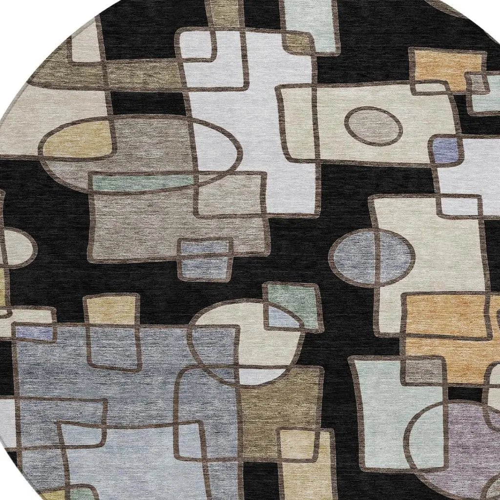 8' Black And Gray Round Geometric Washable Indoor Outdoor Area Rug Homeroots Outdoor