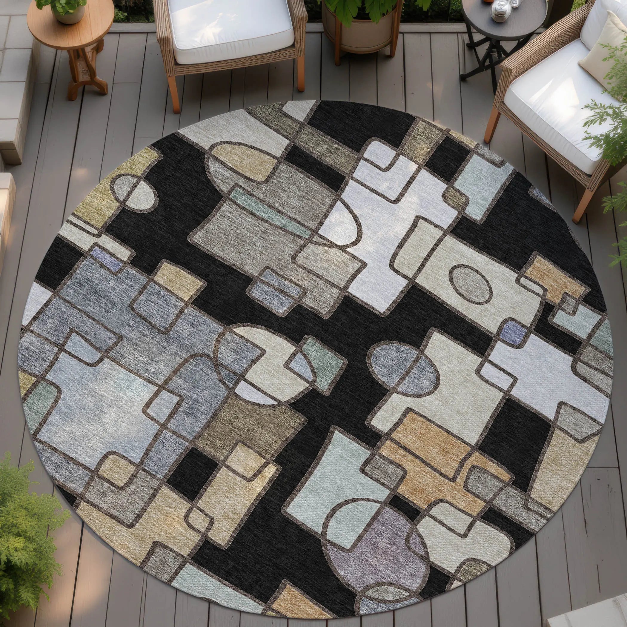 8' Black And Gray Round Geometric Washable Indoor Outdoor Area Rug Homeroots Outdoor
