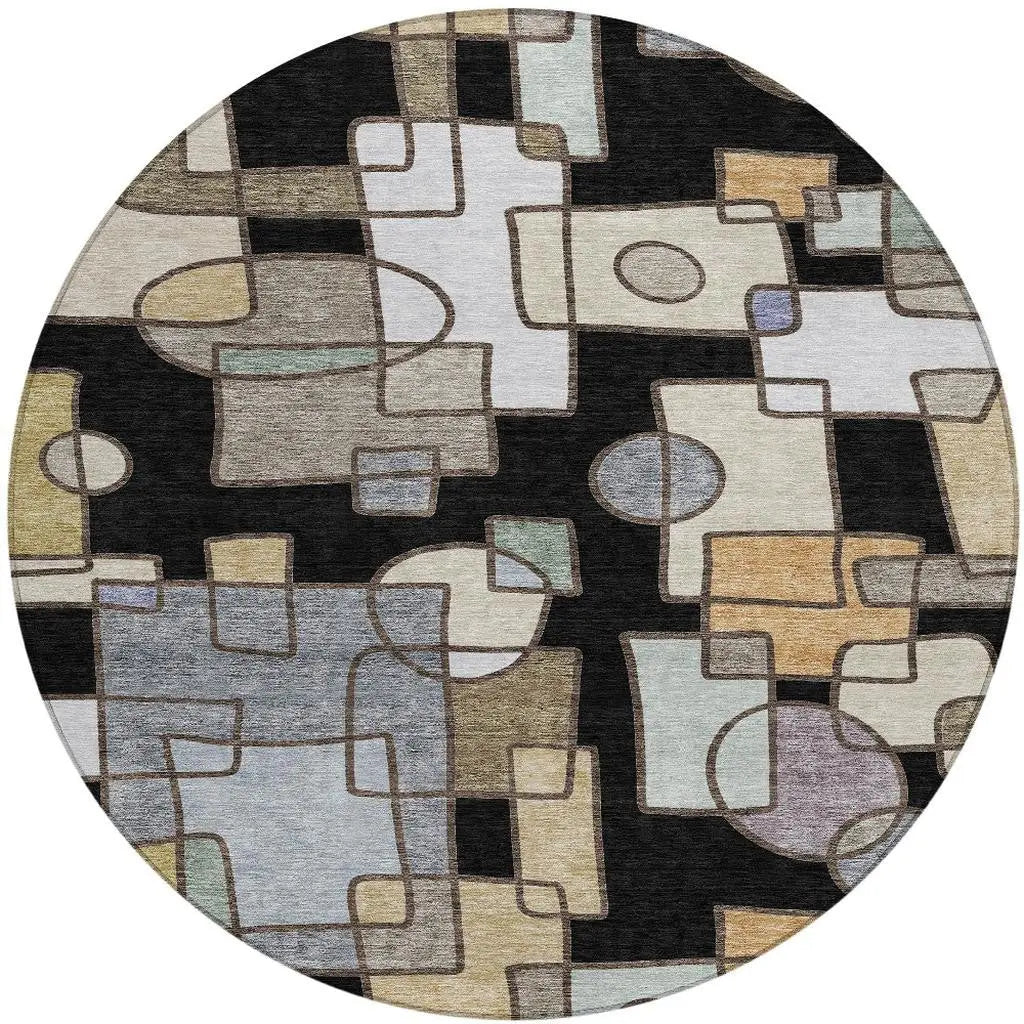 8' Black And Gray Round Geometric Washable Indoor Outdoor Area Rug Homeroots Outdoor