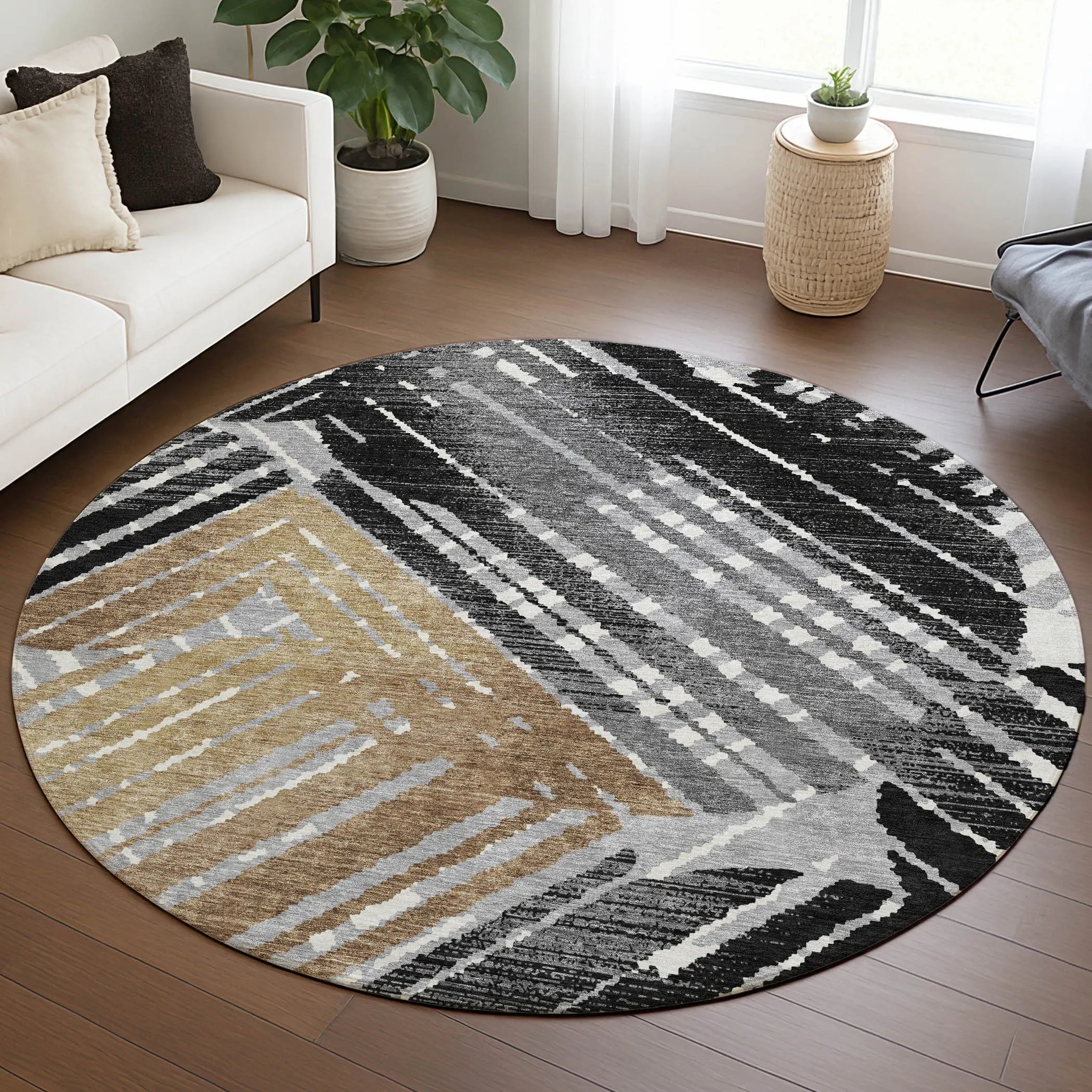 8' Black And Gray Round Geometric Washable Indoor Outdoor Area Rug Homeroots Outdoor