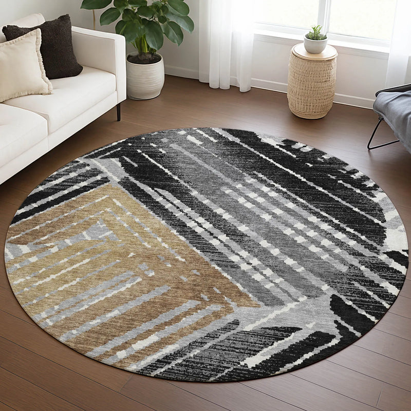 8' Black And Gray Round Geometric Washable Indoor Outdoor Area Rug Homeroots Outdoor