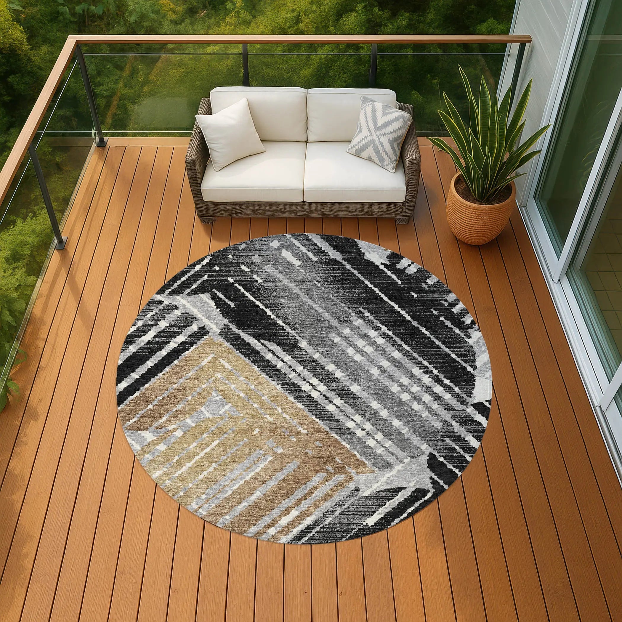 8' Black And Gray Round Geometric Washable Indoor Outdoor Area Rug Homeroots Outdoor