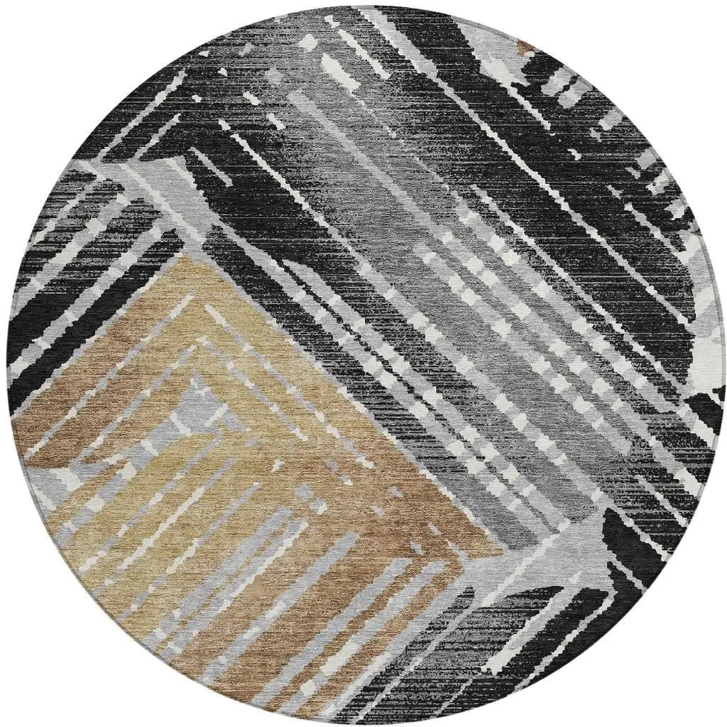 8' Black And Gray Round Geometric Washable Indoor Outdoor Area Rug Homeroots Outdoor
