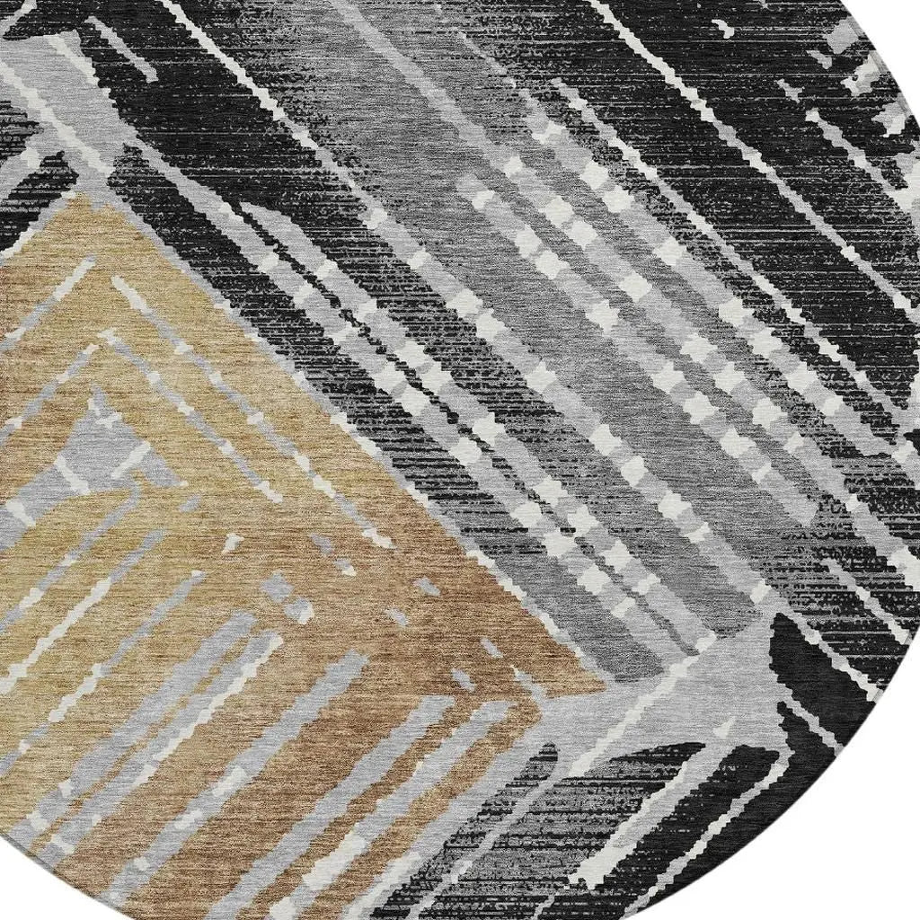 8' Black And Gray Round Geometric Washable Indoor Outdoor Area Rug Homeroots Outdoor