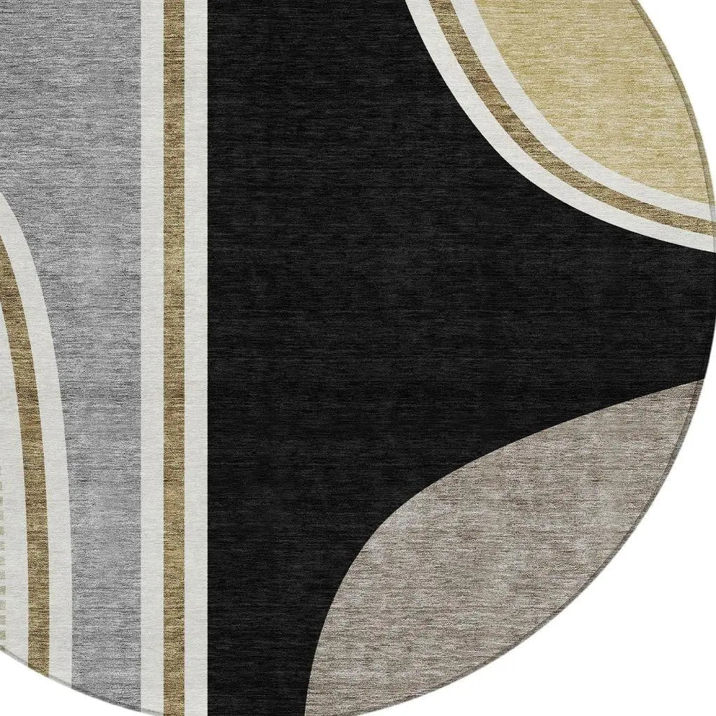 8' Black And Gray Round Geometric Washable Indoor Outdoor Area Rug Homeroots Outdoor