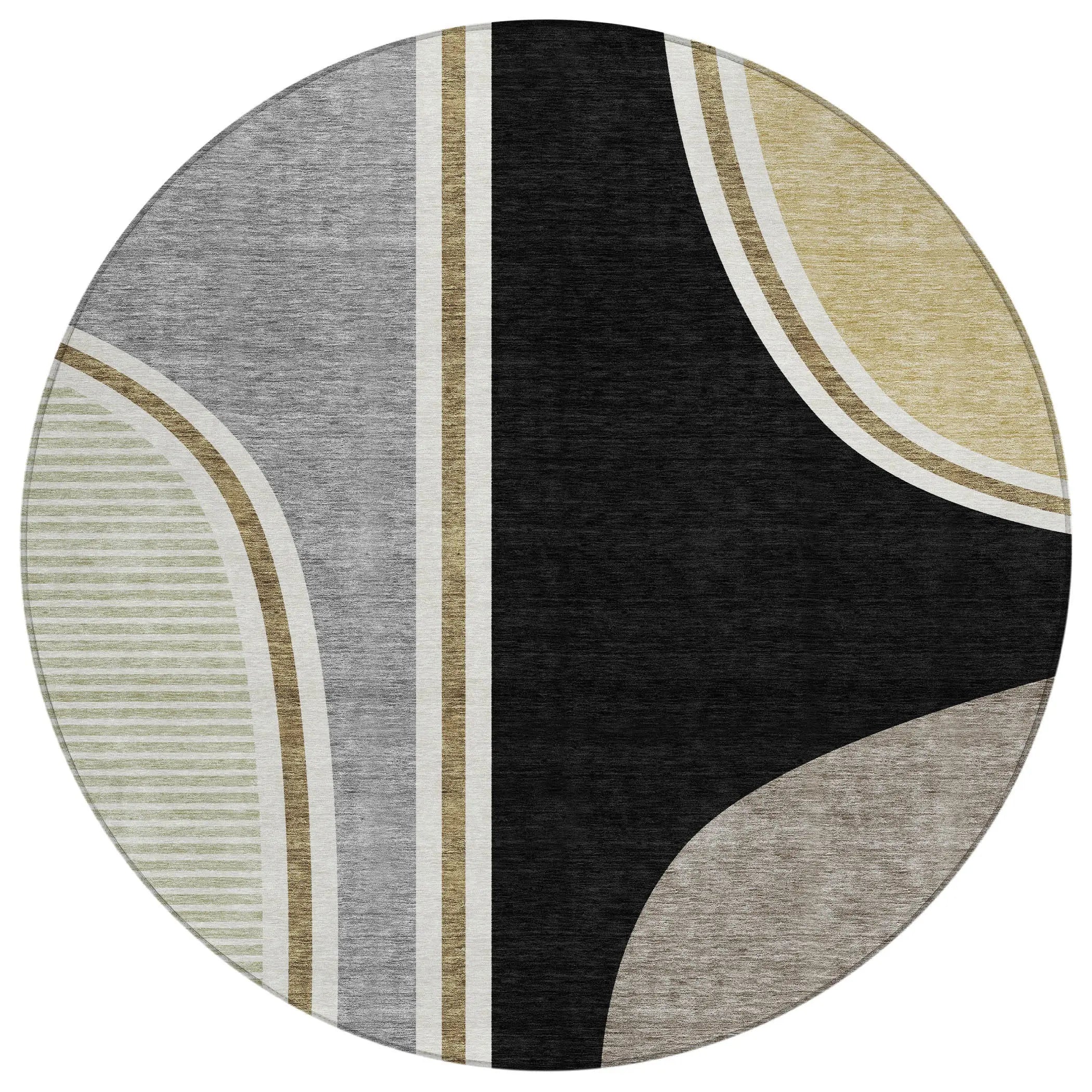 8' Black And Gray Round Geometric Washable Indoor Outdoor Area Rug Homeroots Outdoor