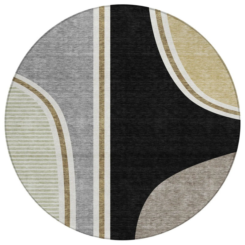 8' Black And Gray Round Geometric Washable Indoor Outdoor Area Rug Homeroots Outdoor