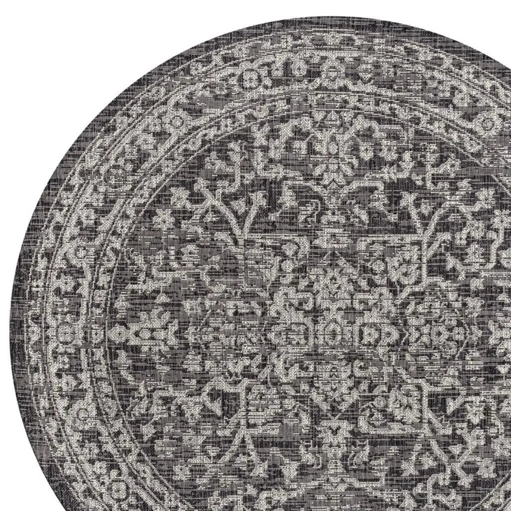 8' Black And Gray Round Medallion Indoor Outdoor Area Rug Homeroots Outdoor