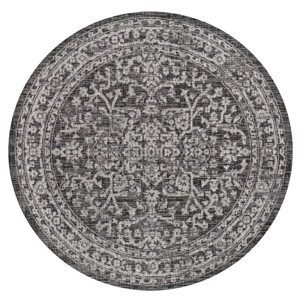8' Black And Gray Round Medallion Indoor Outdoor Area Rug Homeroots Outdoor