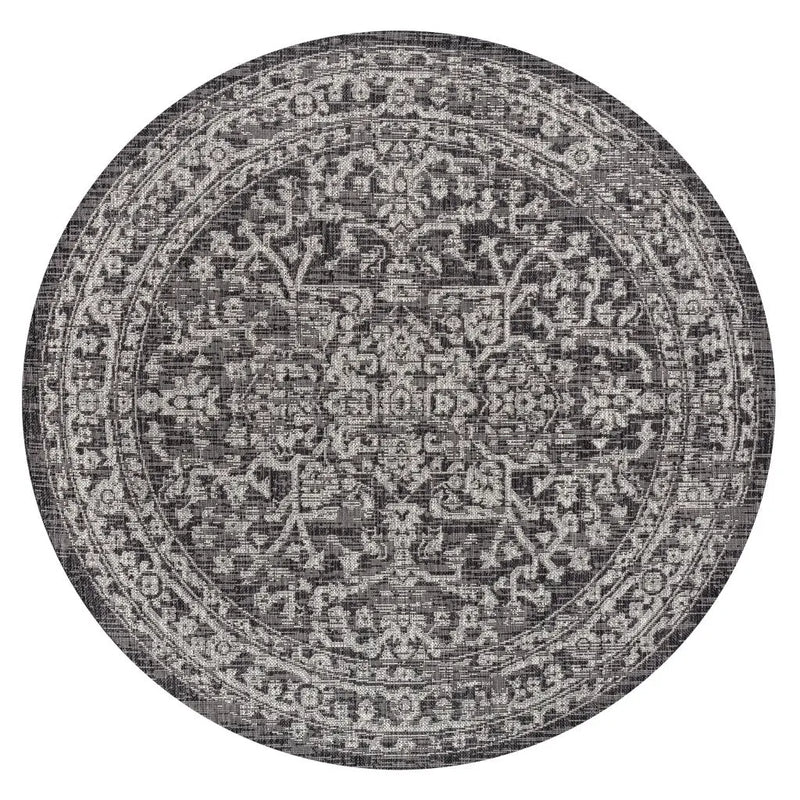 8' Black And Gray Round Medallion Indoor Outdoor Area Rug Homeroots Outdoor