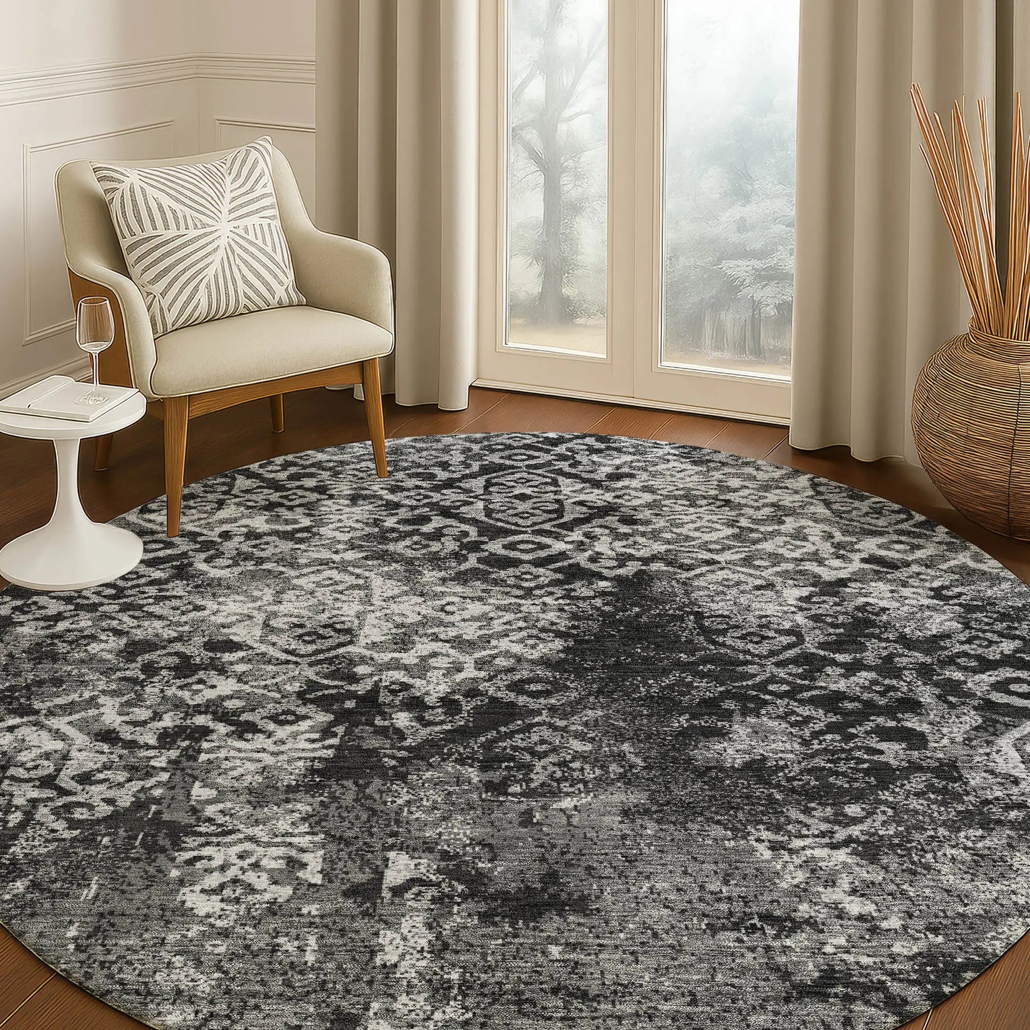 8' Black And Gray Round Oriental Washable Indoor Outdoor Area Rug Homeroots Outdoor