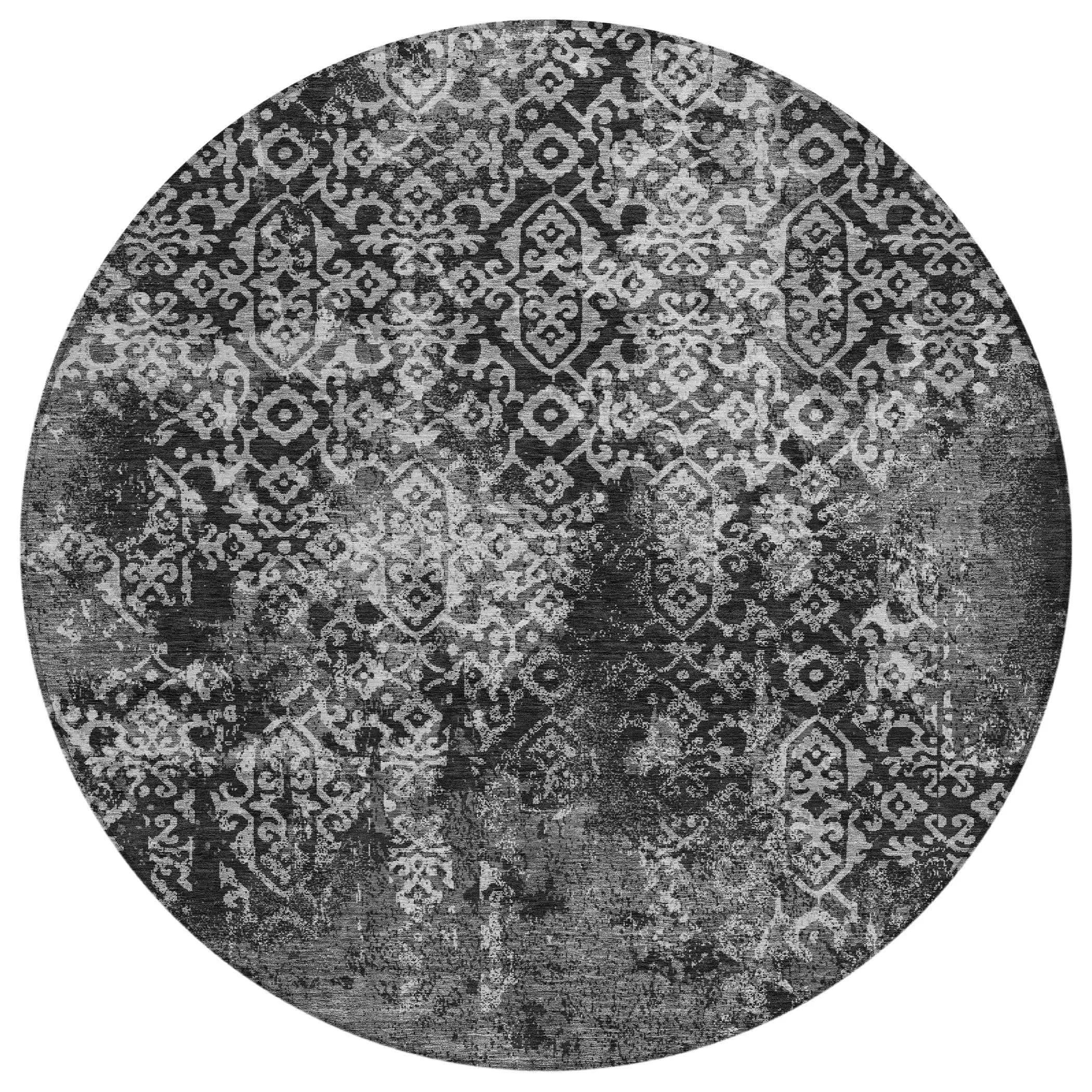 8' Black And Gray Round Oriental Washable Indoor Outdoor Area Rug Homeroots Outdoor