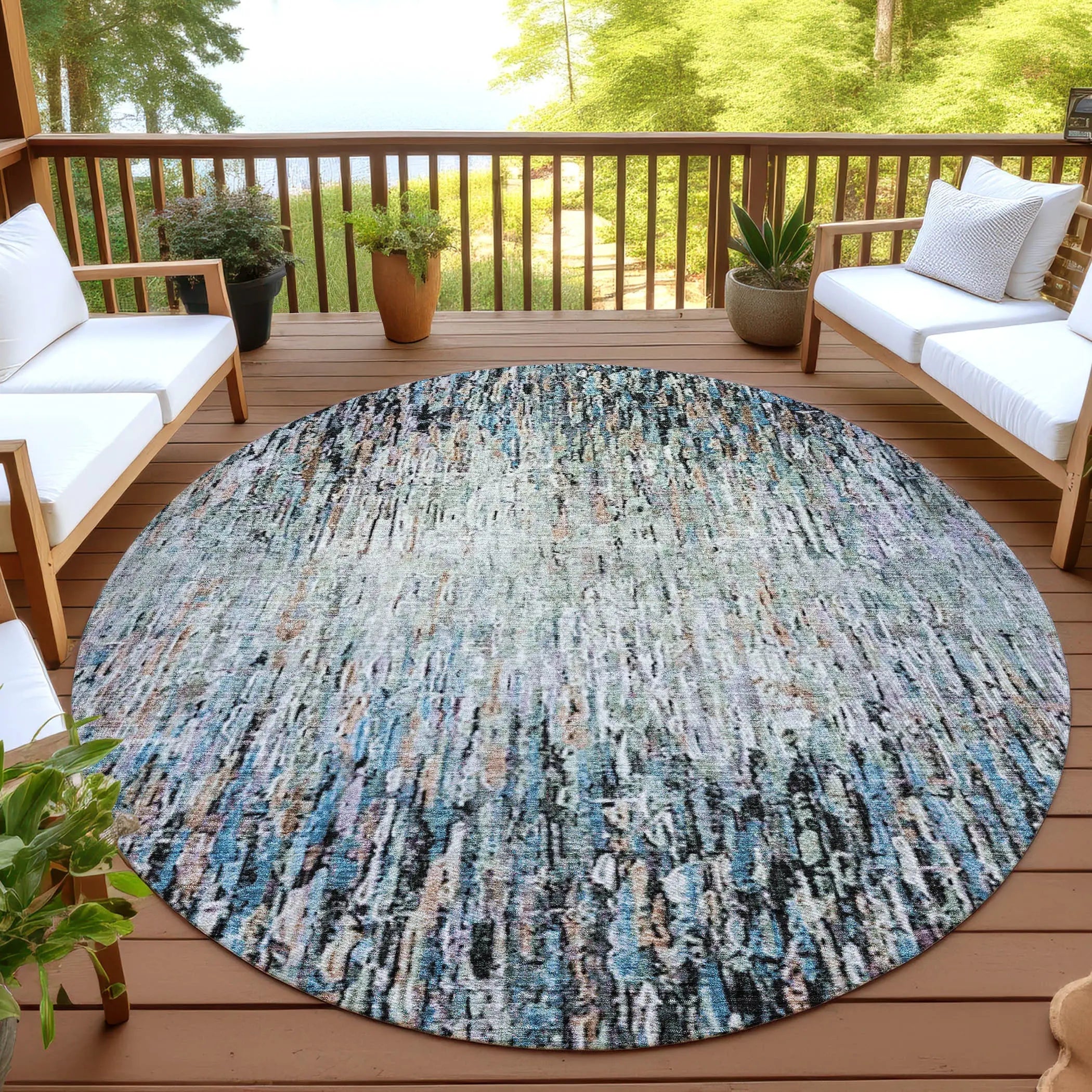 8' Black And Gray Round Striped Washable Indoor Outdoor Area Rug Homeroots Outdoor