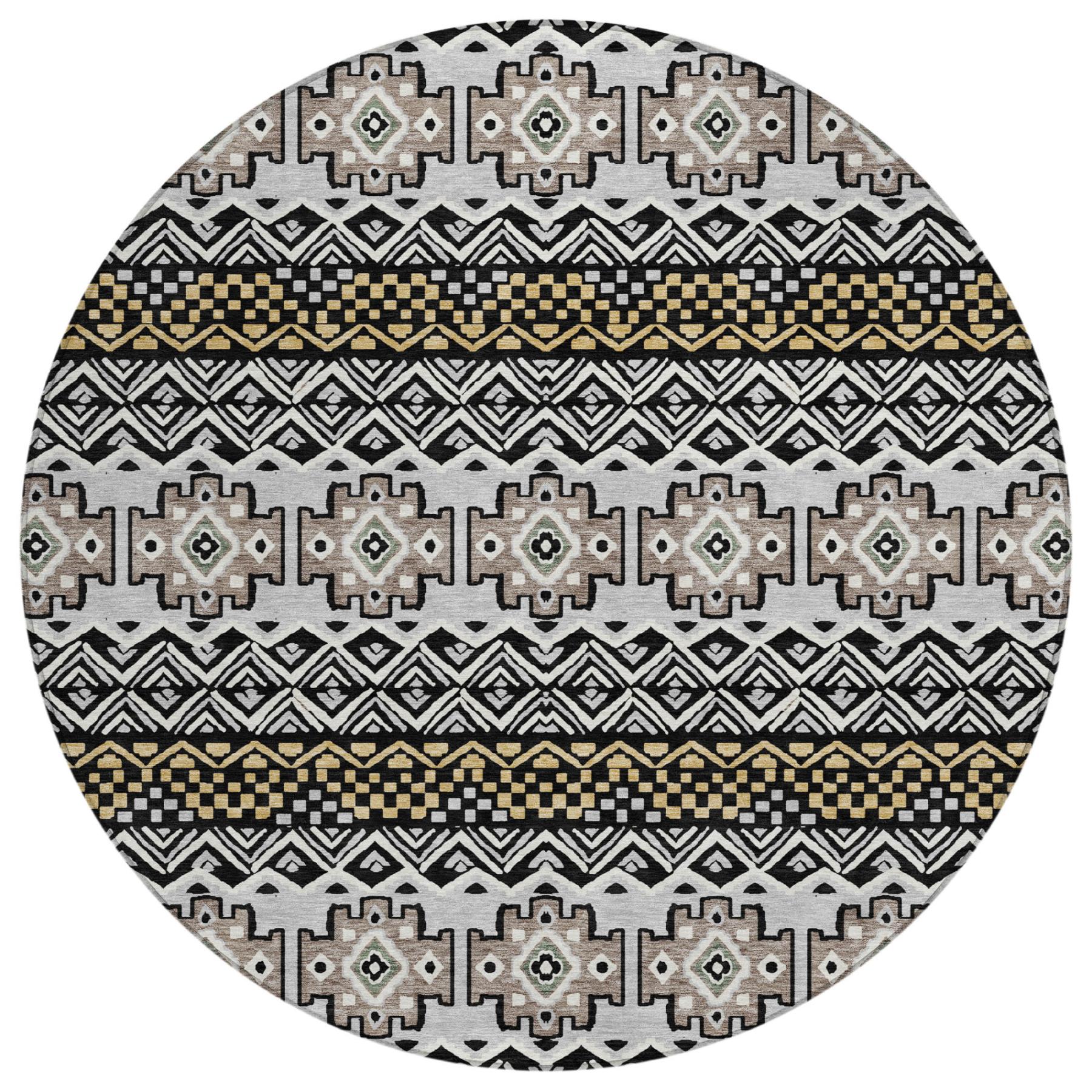 Round area rug featuring a geometric tribal pattern in black, gold, gray, and beige, made from durable woven fabric.