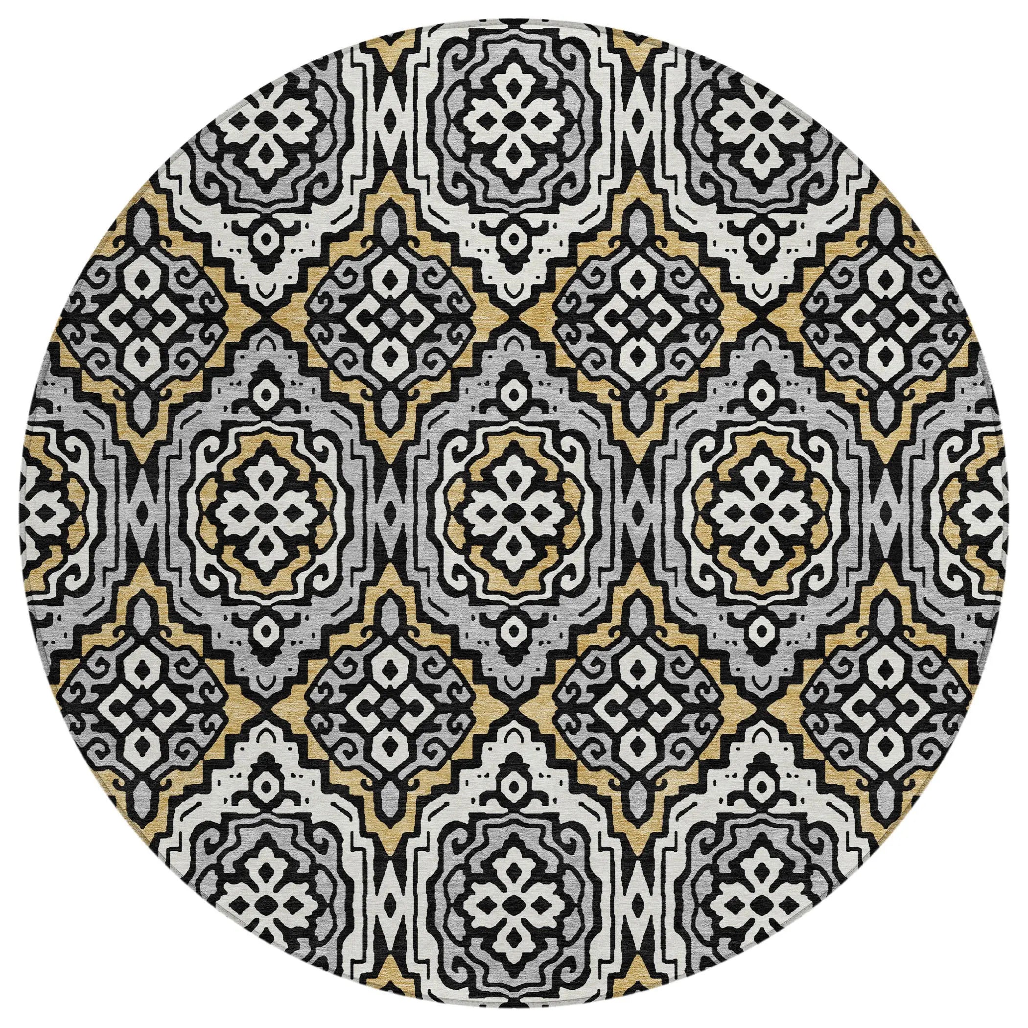 8' Black And Gray Round Tribal Washable Indoor Outdoor Area Rug Homeroots Outdoor
