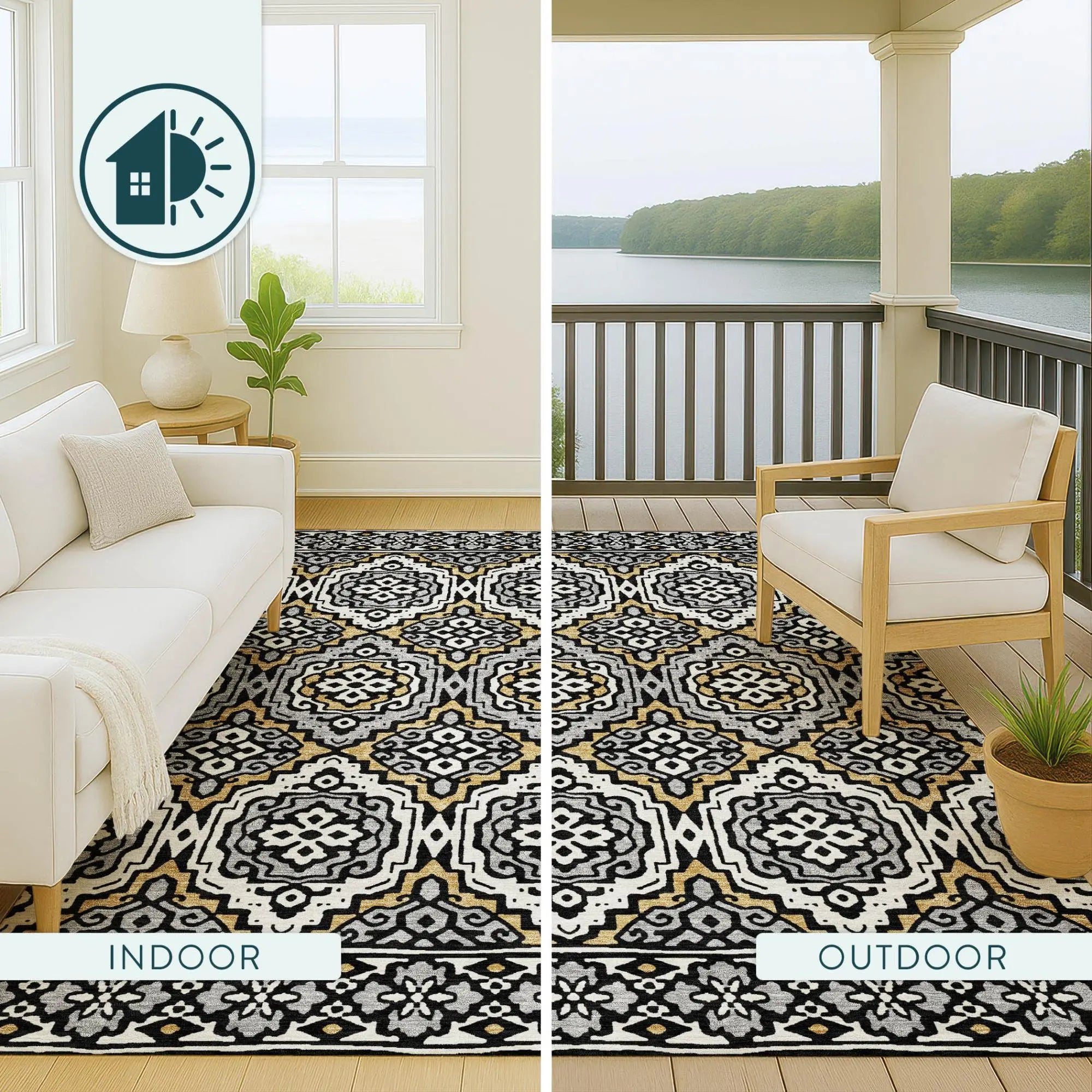 8' Black And Gray Round Tribal Washable Indoor Outdoor Area Rug Homeroots Outdoor