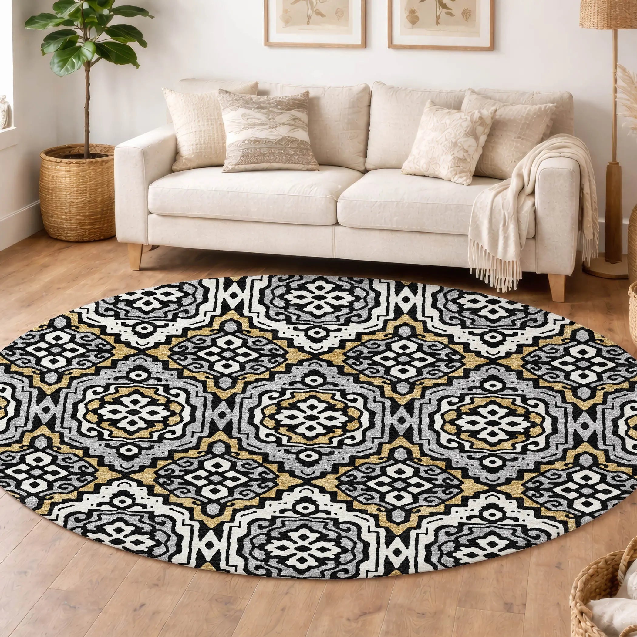 8' Black And Gray Round Tribal Washable Indoor Outdoor Area Rug Homeroots Outdoor