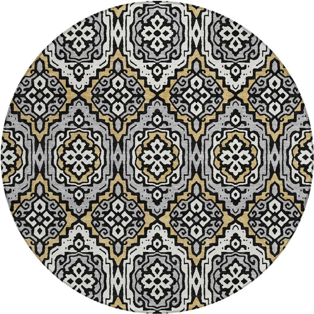 8' Black And Gray Round Tribal Washable Indoor Outdoor Area Rug Homeroots Outdoor