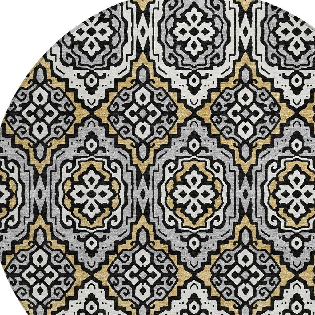 8' Black And Gray Round Tribal Washable Indoor Outdoor Area Rug Homeroots Outdoor
