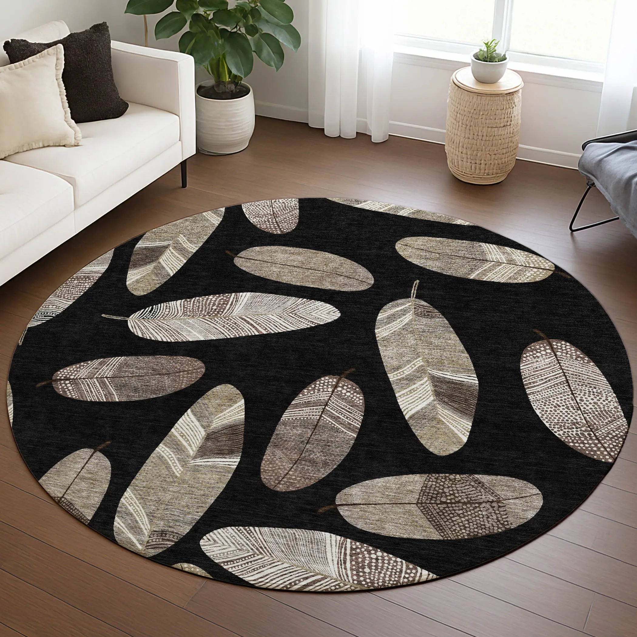 8' Black And Green Round Botanical Leaves Washable Indoor Outdoor Area Rug Homeroots Outdoor
