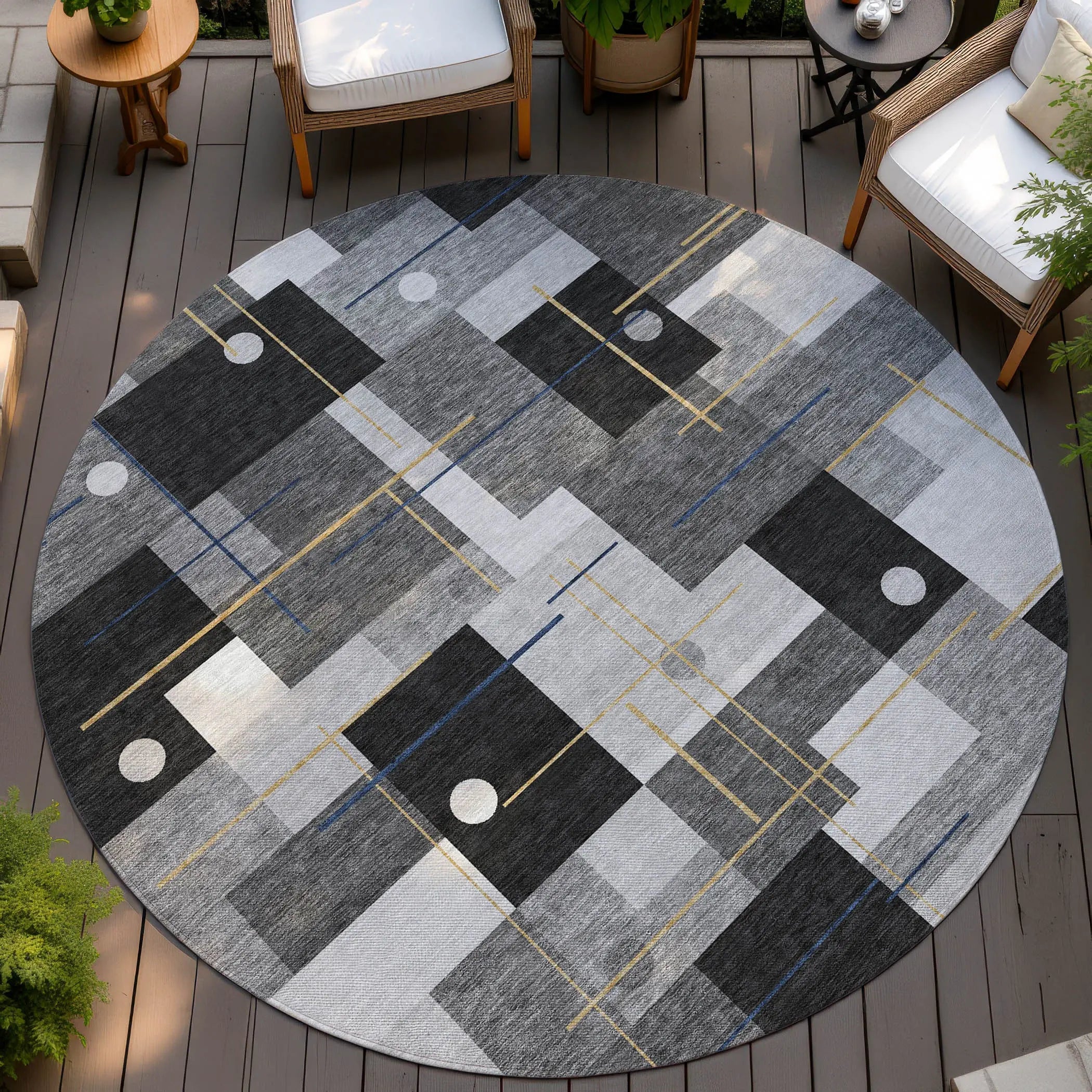 8' Black And Green Round Geometric Washable Indoor Outdoor Area Rug Homeroots Outdoor