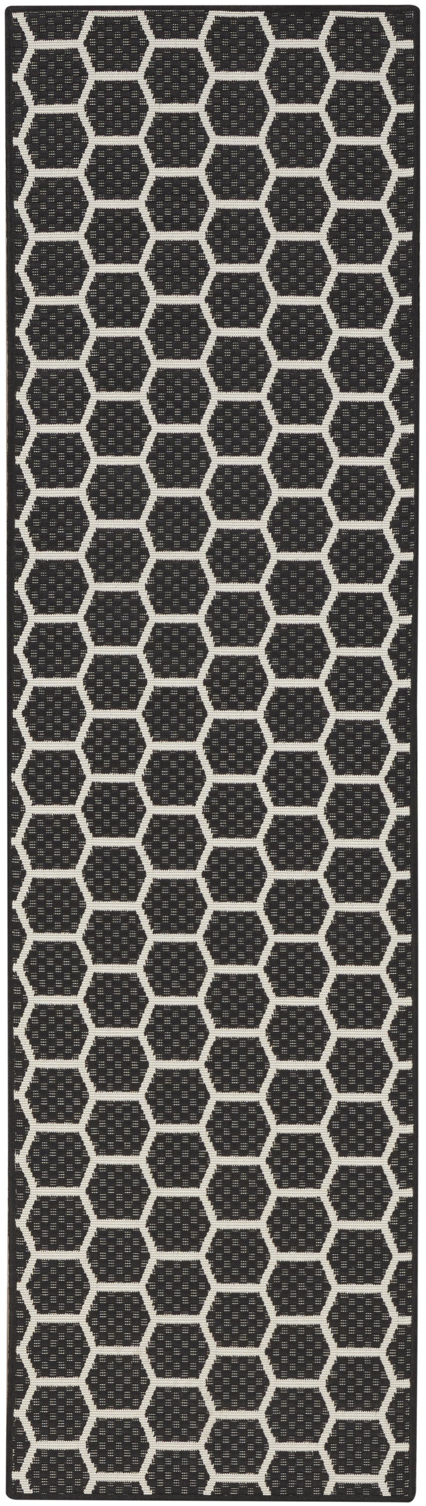 8' Black And Ivory Geometric Indoor Outdoor Runner Rug Homeroots Outdoor
