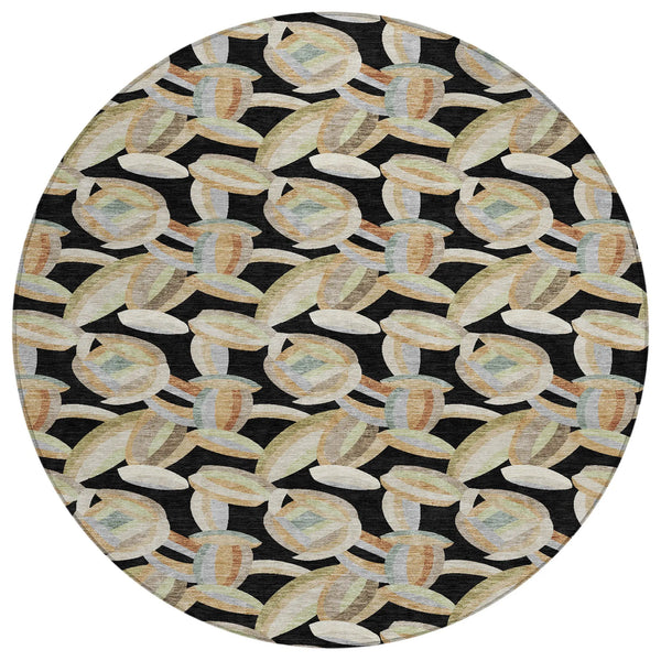 8' Black And Ivory Round Abstract Washable Indoor Outdoor Area Rug Homeroots Outdoor