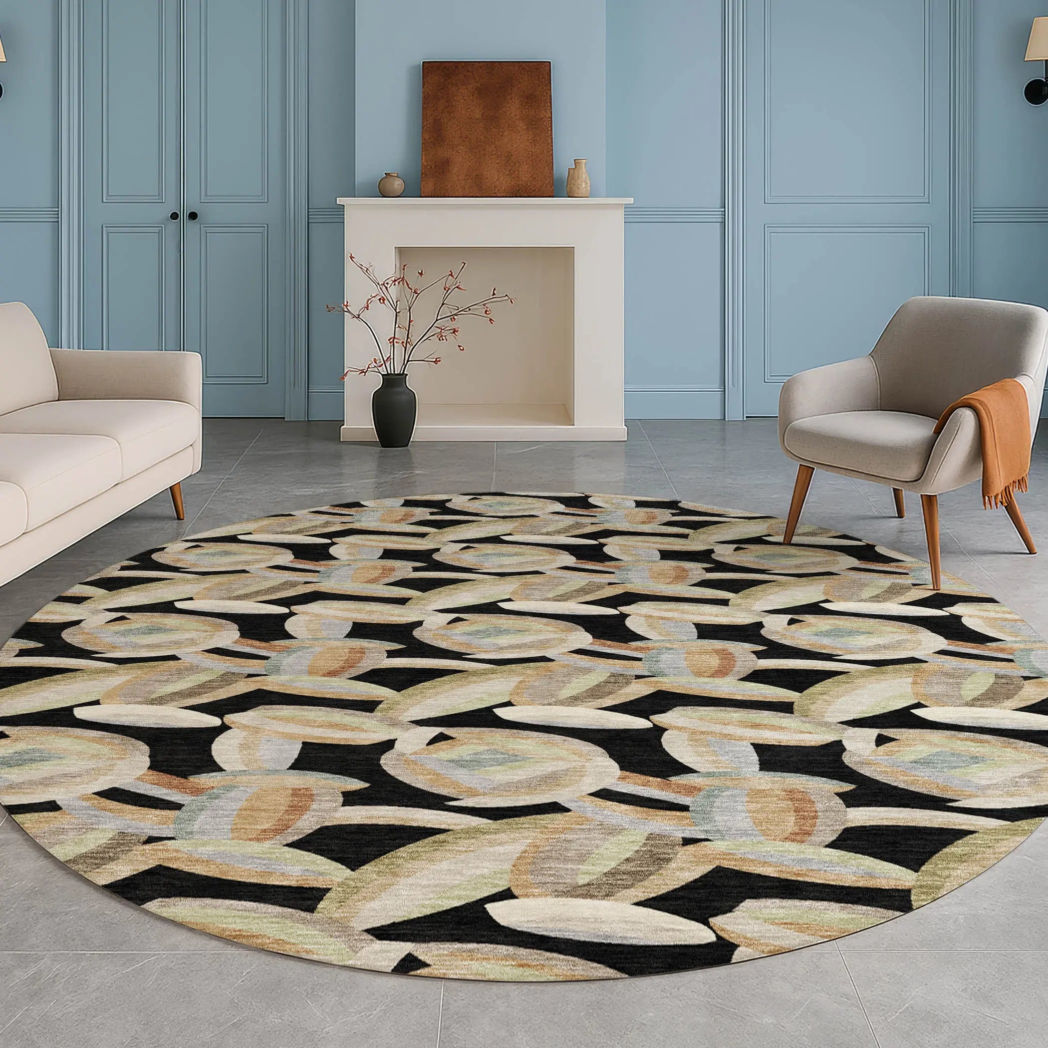 8' Black And Ivory Round Abstract Washable Indoor Outdoor Area Rug Homeroots Outdoor