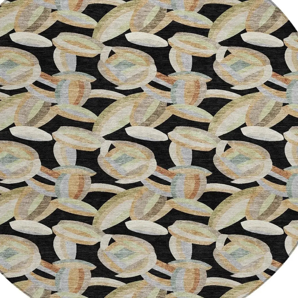 8' Black And Ivory Round Abstract Washable Indoor Outdoor Area Rug Homeroots Outdoor