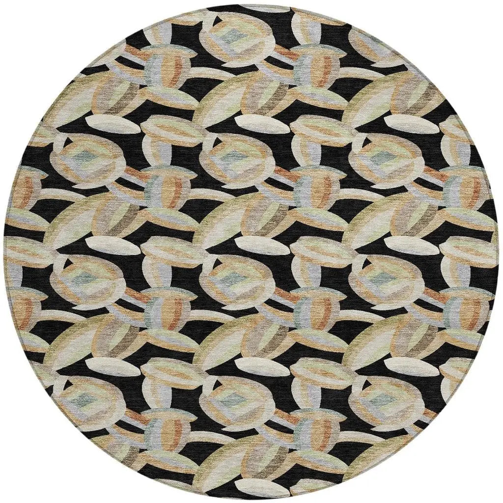 8' Black And Ivory Round Abstract Washable Indoor Outdoor Area Rug Homeroots Outdoor